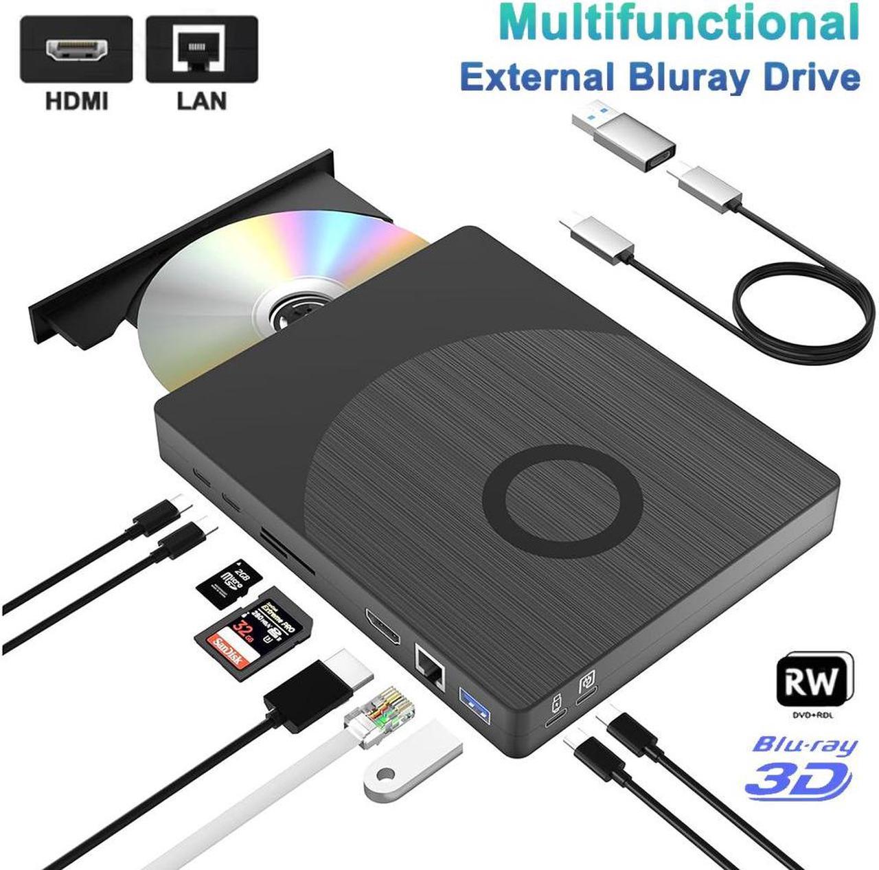 IHDAPP External Blu-ray Drive, External Blu Ray CD DVD Drive Burner with USB Hub, SD/TF Port HDMI and LAN Interface, Bluray Optical DVD Drive Suitable for Windows XP/7/8/10/11 PC,Laptop,Desktop,Mac