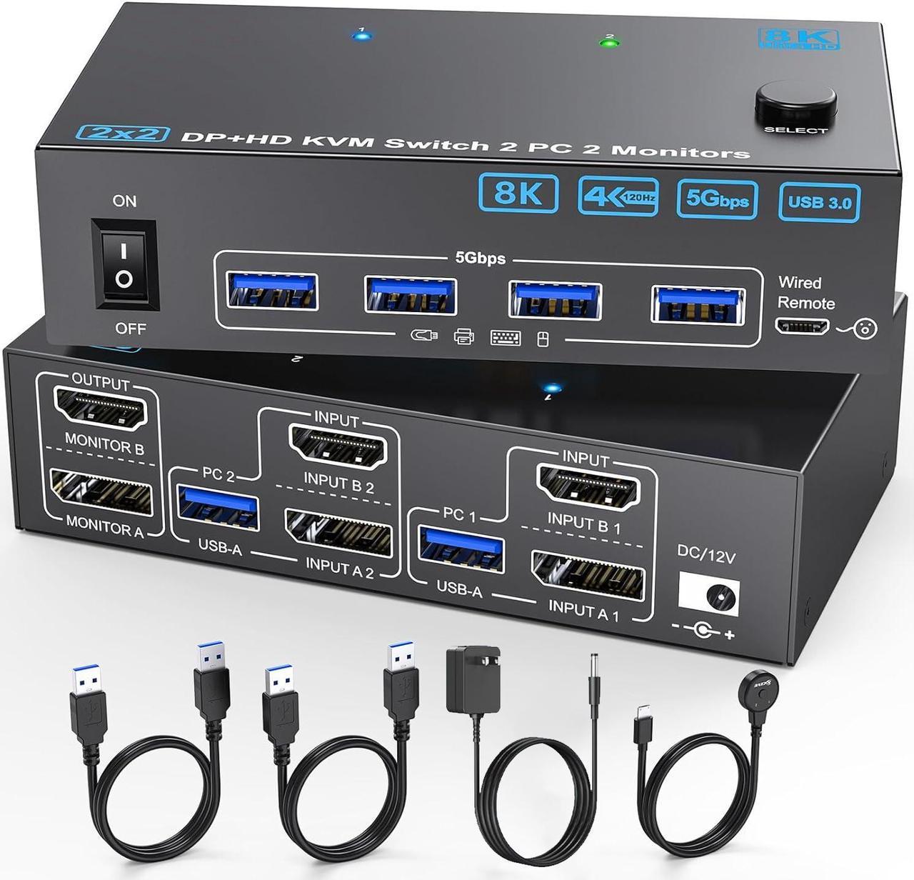 IHDAPP HDMI + Displayport KVM Switch 2 PC 2 Monitors 8K@60Hz, 4K144Hz, KVM Switch Dual Monitor for 2 Computers Share 2 Monitors and 4 USB 3.0 Devices. With USB Cables,Power Adapter &Desktop Controller