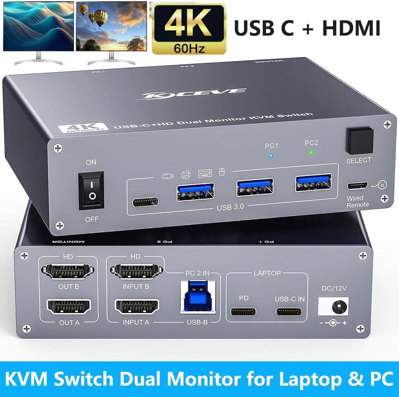 IHDAPP USB C HDMI KVM Switch 2 PC 2 Monitors, KVM Switch Dual Monitor for Laptop & PC, USB 3.0 Type C MST Dual 4K @ 60Hz, Type-C 60W Charging for Laptop, HDMI KVM Switch USB C with Wired Remote