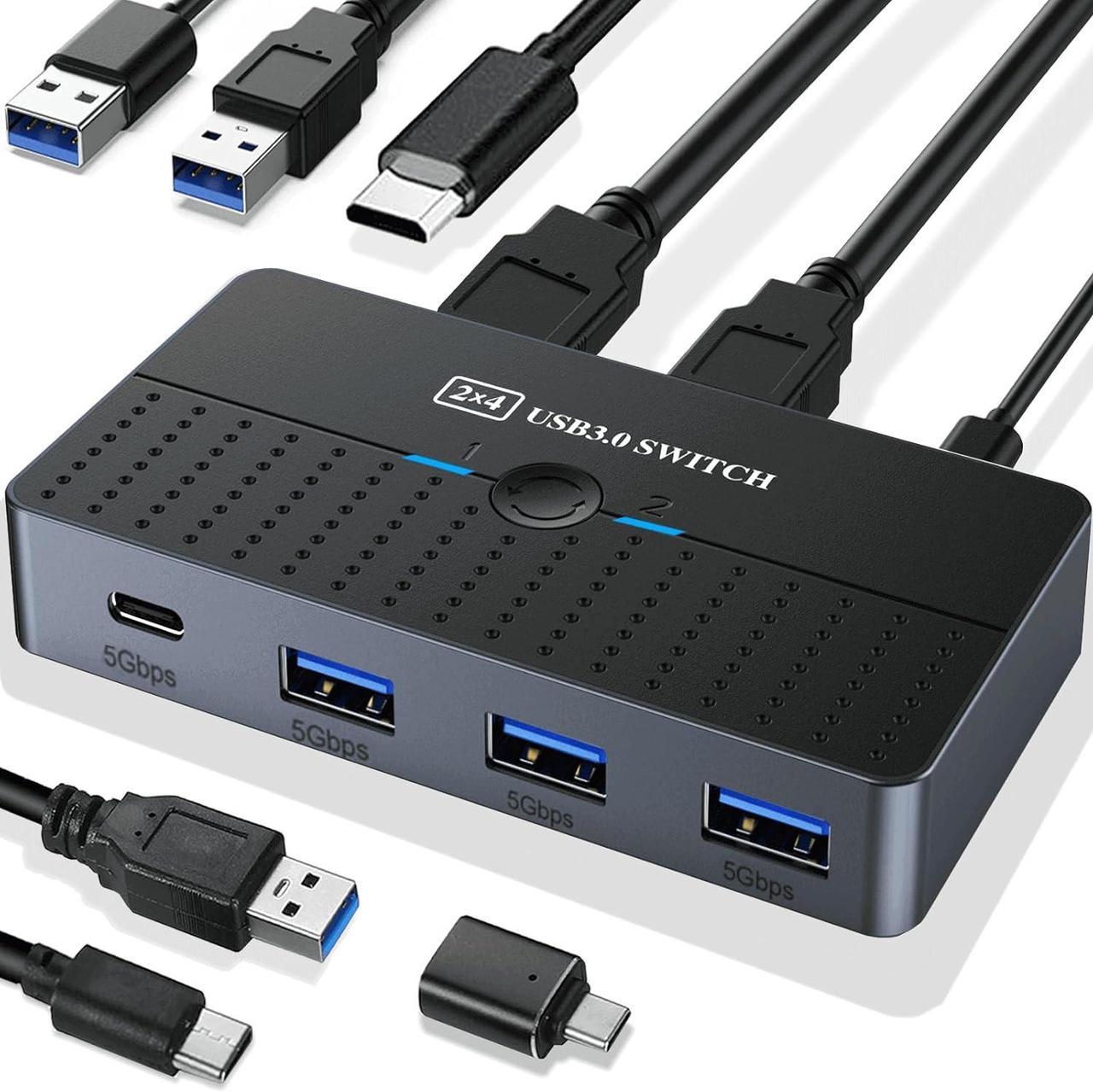 IHDAPP USB 3.0 Switch 2 Computers Sharing USB C & A Devices, 4 Ports USB Switcher 2 in 4 Out for PC Laptop Mouse Keyboard Printer KVM Switch Selector with 3 USB Cables/1x USB A to USB-C Adapter