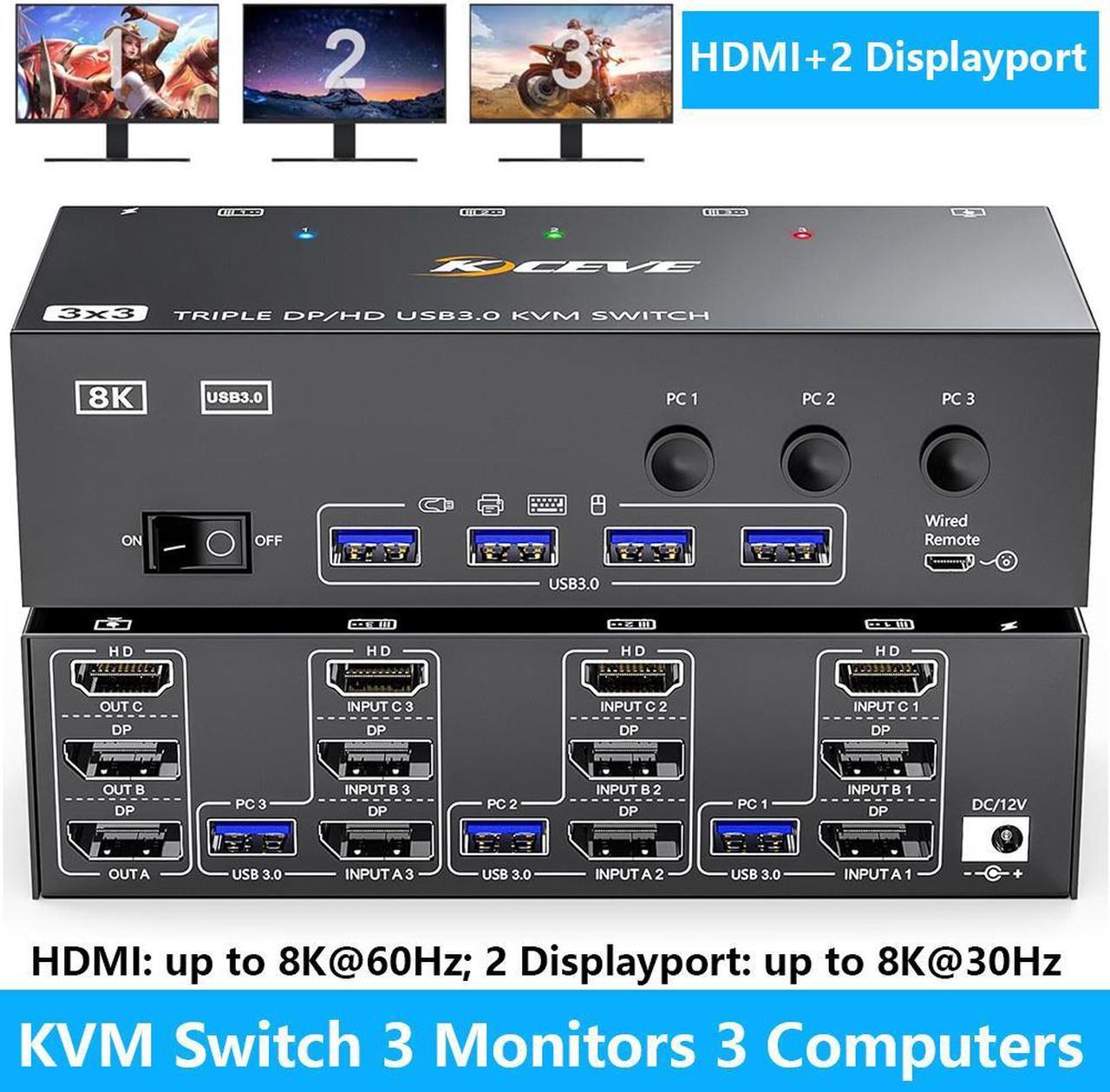 IHDAPP KVM Switch 3 Monitors 3 Computers, Dual/Triple Monitor HDMI + 2 Displayport KVM Switches Support 8K@60Hz/30Hz,2K@144Hz, USB 3.0 Computer Switch for 3 PCs Share 3 Monitors, Support Extended Mode