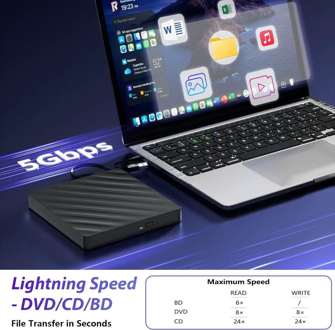 Alt view image 2 of 7 - IHDAPP 5 in 1 External Blu Ray Drive, Portable Blu Ray Player with USB 3.0 Type-C, CD DVD Burner 3D Blu-Ray with SD/TF Ports, Blu Ray Drive Compatible with Windows Laptop Desktop, Bluray Player for PC