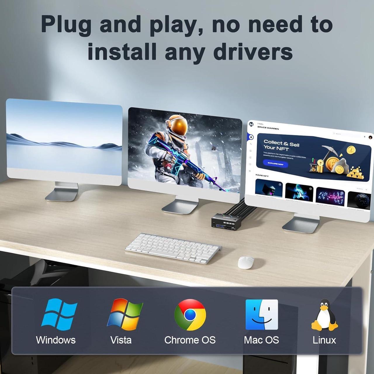 Alt view image 7 of 7 - IHDAPP KVM Switch 3 Monitors 2 Computers 8K@60Hz 4K@144Hz, HDMI + 2 Displayport Triple Monitor KVM Switch Triple Monitor for 2 Computers Share 3 Monitors and 4 USB 3.0 Device, with Wired Remote