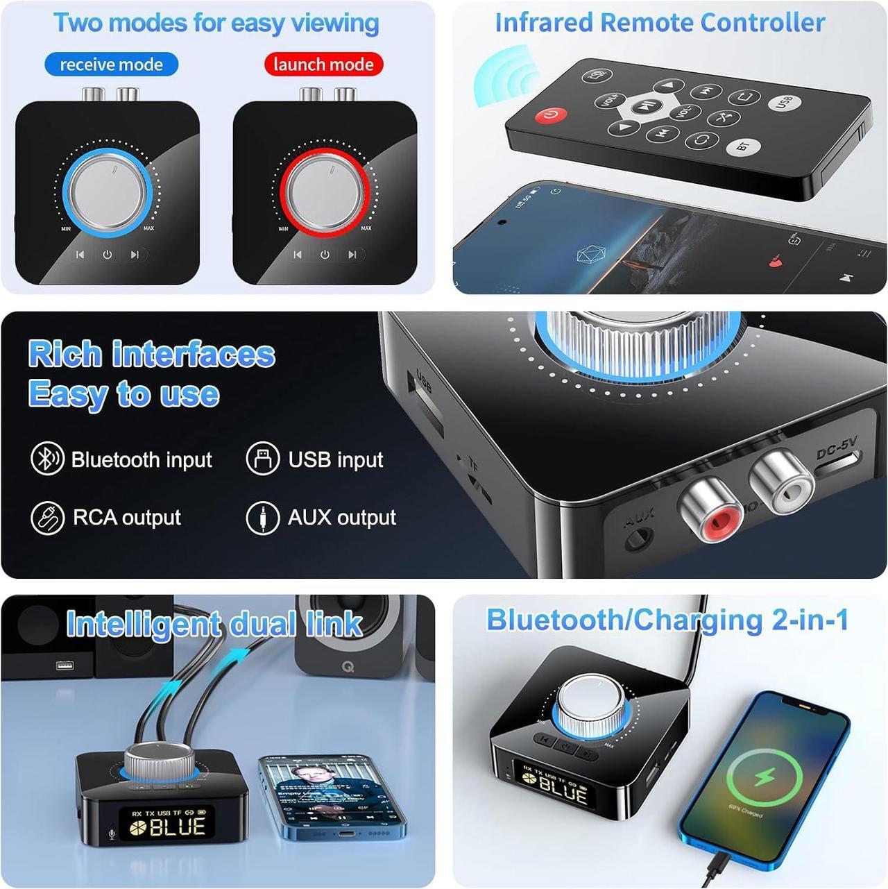 Alt view image 2 of 7 - IHDAPP Bluetooth 5.4 Receiver for HiFi, Wireless Audio Adapter with AUX 3.5mm/RCA Bluetooth Audio Receiver for PC/Mac/Smartphone/Tablet/AV Receiver, AptX HD, Dual Pairing