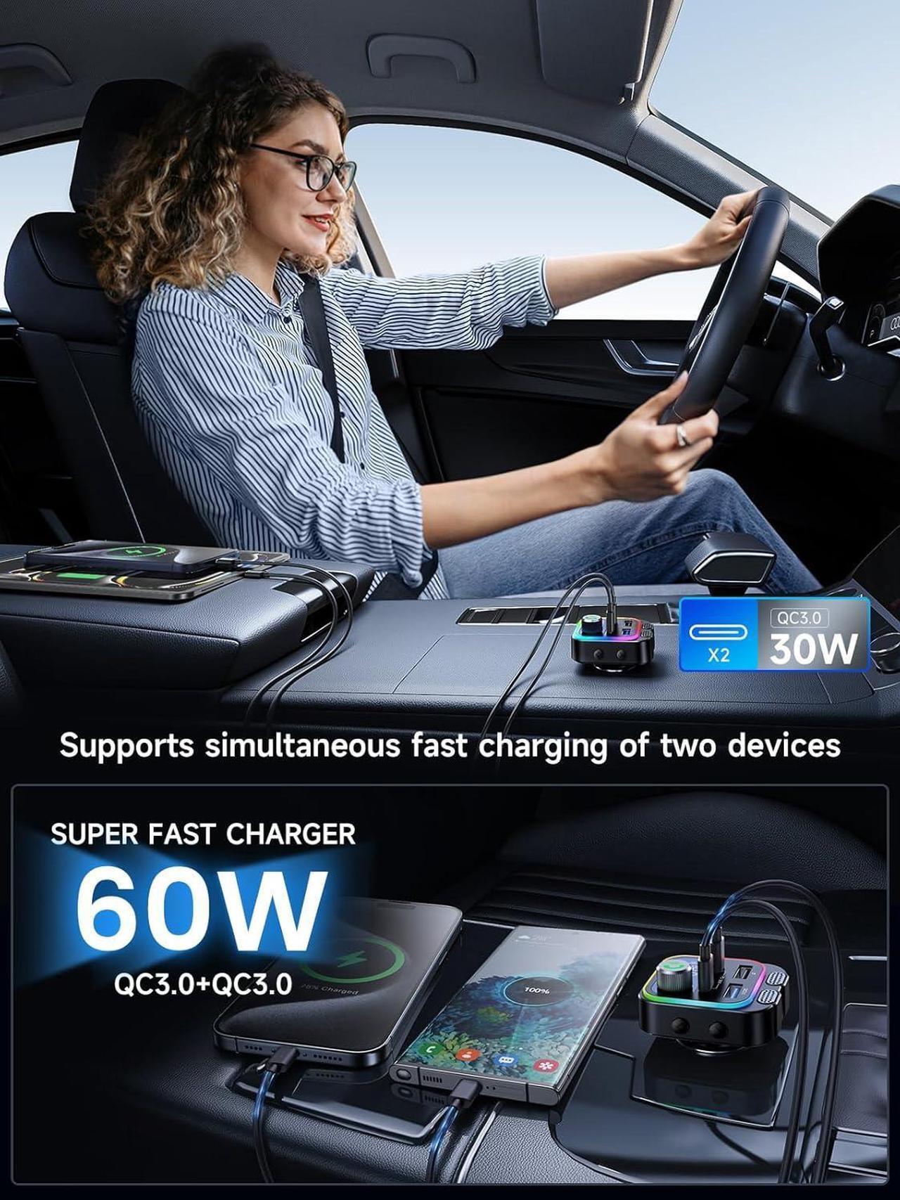 Alt view image 6 of 7 - IHDAPP 60W Bluetooth 5.4 FM Transmitter Car Adapter [Reinforced Dual Mics & Deep Bass] [Dual PD 60W & QC 3.0 ] Fast Charging Handsfree Calling Wireless Radio Bluetooth Transmitter for Car [Black]
