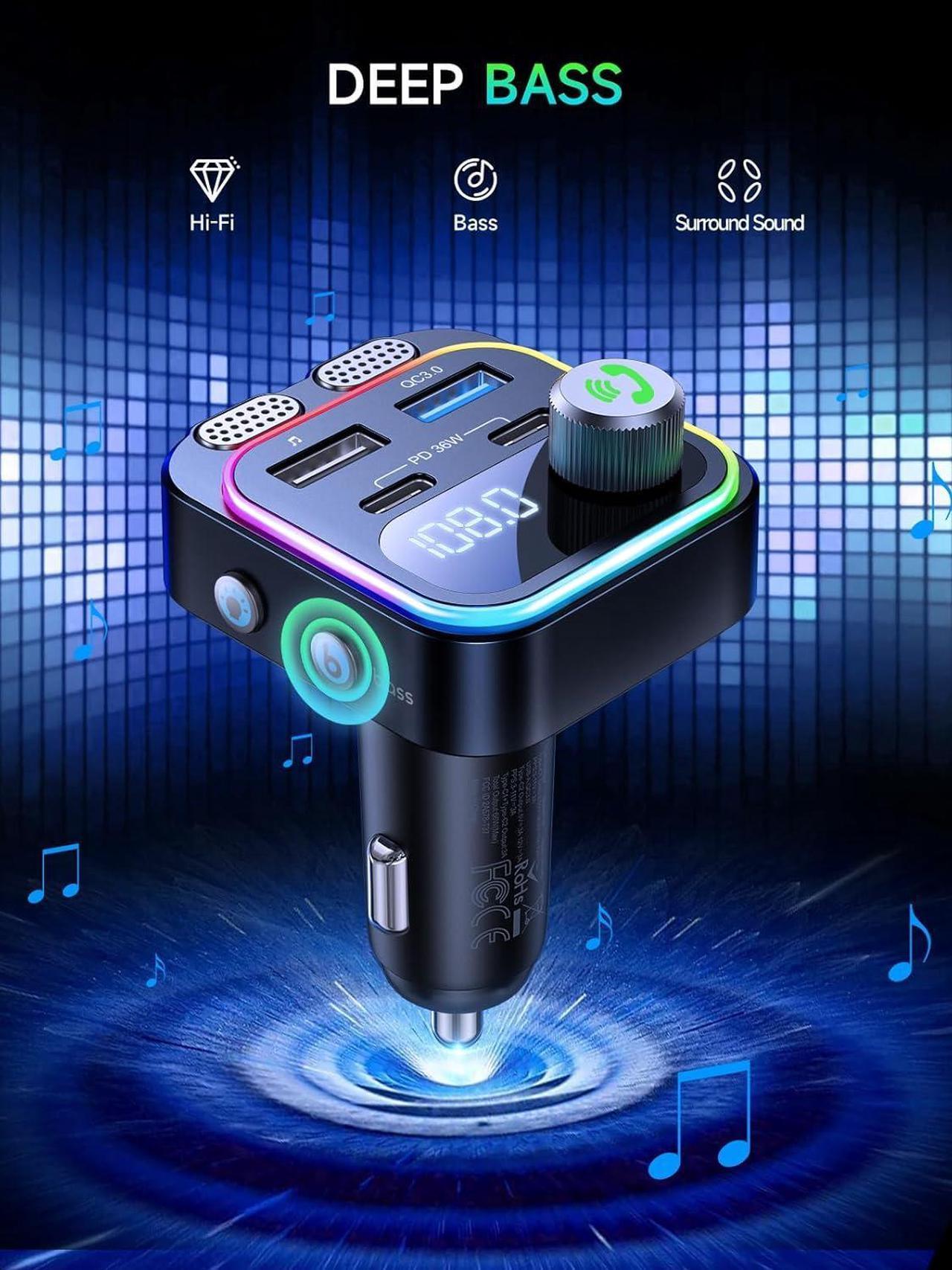 Alt view image 2 of 7 - IHDAPP 60W Bluetooth 5.4 FM Transmitter Car Adapter [Reinforced Dual Mics & Deep Bass] [Dual PD 60W & QC 3.0 ] Fast Charging Handsfree Calling Wireless Radio Bluetooth Transmitter for Car [Black]