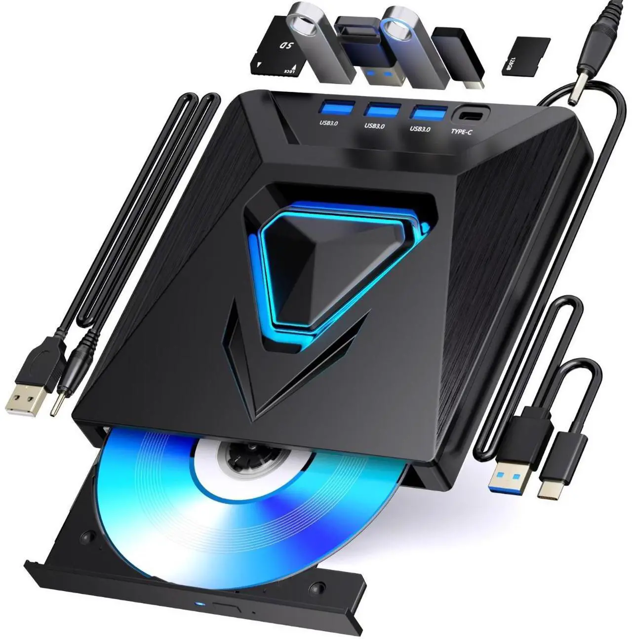 Main image of IHDAPP External CD/DVD Drive for Laptops,  7-in-1 External CD/DVD Drive with 4 USB Ports, SD/TF Card Slots, CD/DVD +/-RW Drive, USB 3.0 DVD Burner Compatible with Laptop, Mac, Windows 11/10/8/7, Linux