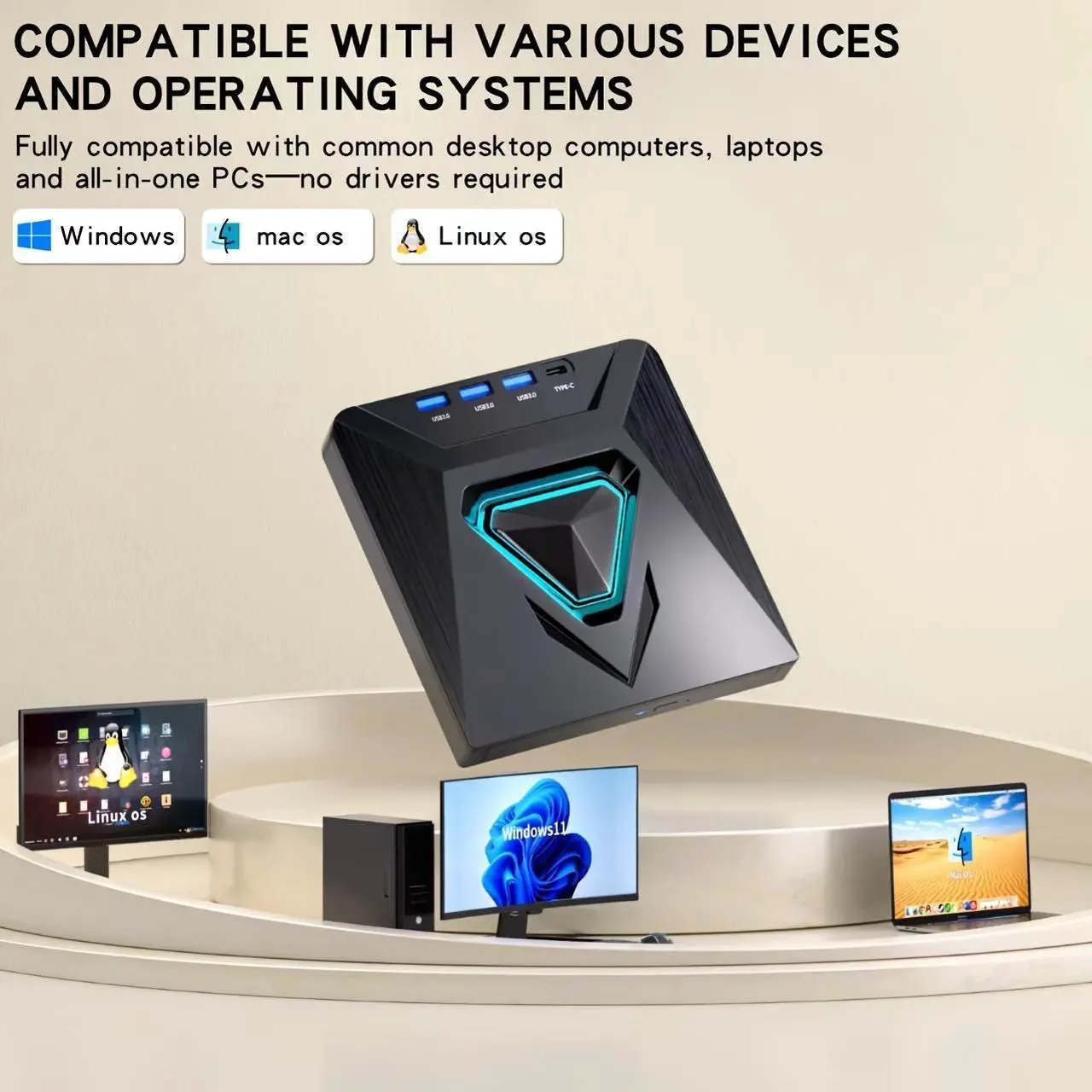 Alt view image 2 of 7 - IHDAPP External CD/DVD Drive for Laptops,  7-in-1 External CD/DVD Drive with 4 USB Ports, SD/TF Card Slots, CD/DVD +/-RW Drive, USB 3.0 DVD Burner Compatible with Laptop, Mac, Windows 11/10/8/7, Linux