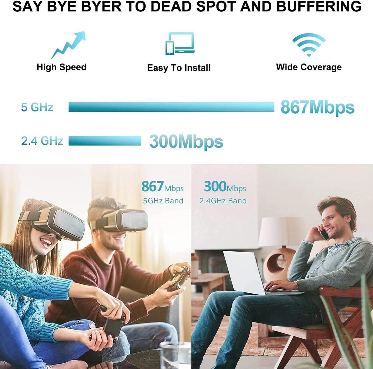 Alt view image 2 of 7 - 1200Mbps WiFi Extender, Aigital 5G/2.4G Dual Band WiFi Repeater 802.11ac Wireless Signal Booster with 4 Antennas, Amplify Network Signal to Cover Whole Home, Up to 2500 sq.ft