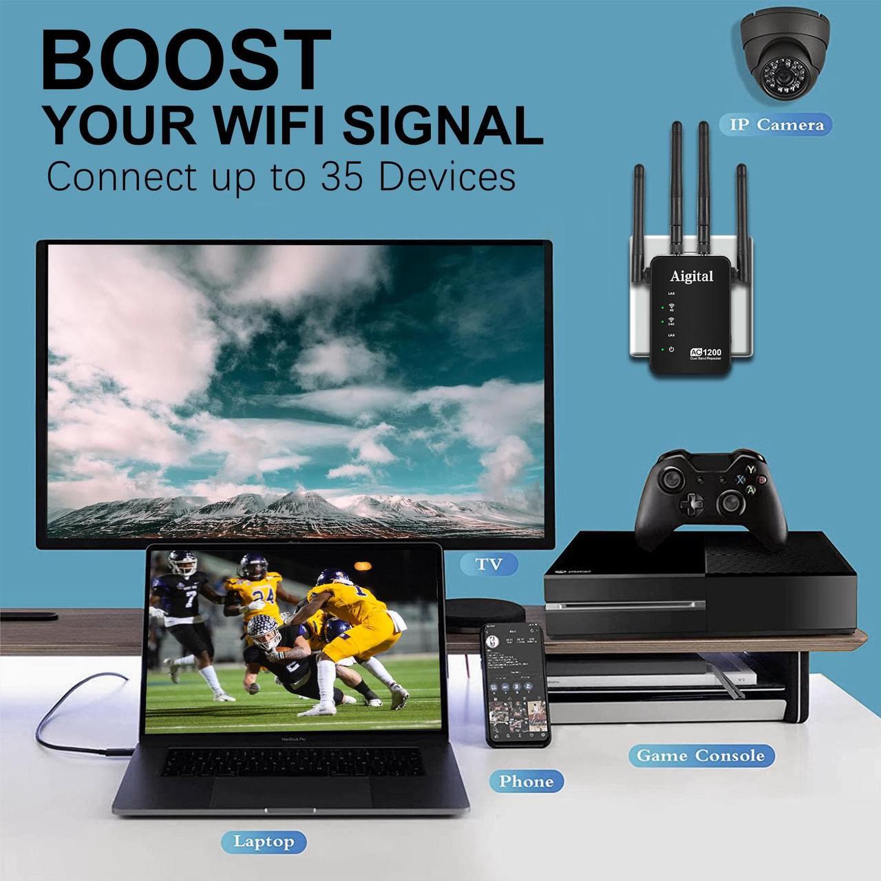 Alt view image 4 of 7 - 1200Mbps WiFi Extender, Aigital 5G/2.4G Dual Band WiFi Repeater 802.11ac Wireless Signal Booster with 4 Antennas, Amplify Network Signal to Cover Whole Home, Up to 2500 sq.ft