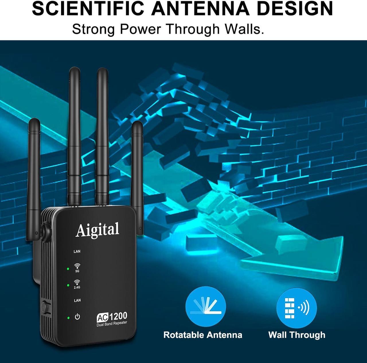 Alt view image 6 of 7 - 1200Mbps WiFi Extender, Aigital 5G/2.4G Dual Band WiFi Repeater 802.11ac Wireless Signal Booster with 4 Antennas, Amplify Network Signal to Cover Whole Home, Up to 2500 sq.ft