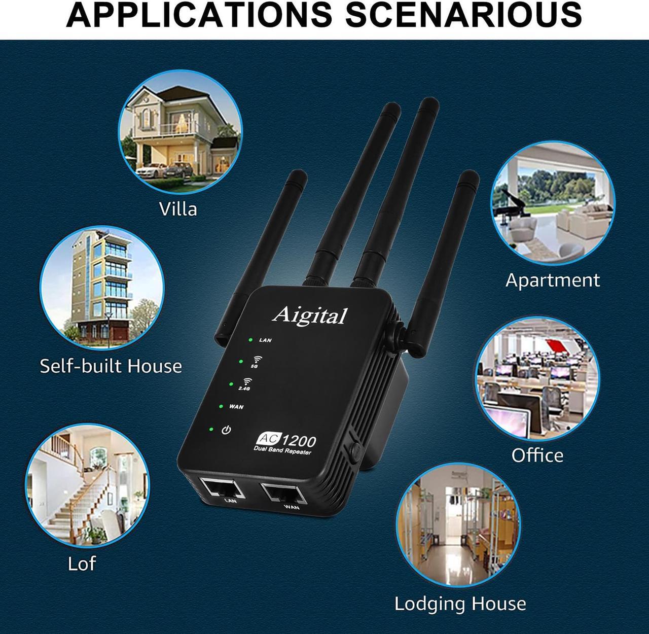 Alt view image 7 of 7 - 1200Mbps WiFi Extender, Aigital 5G/2.4G Dual Band WiFi Repeater 802.11ac Wireless Signal Booster with 4 Antennas, Amplify Network Signal to Cover Whole Home, Up to 2500 sq.ft