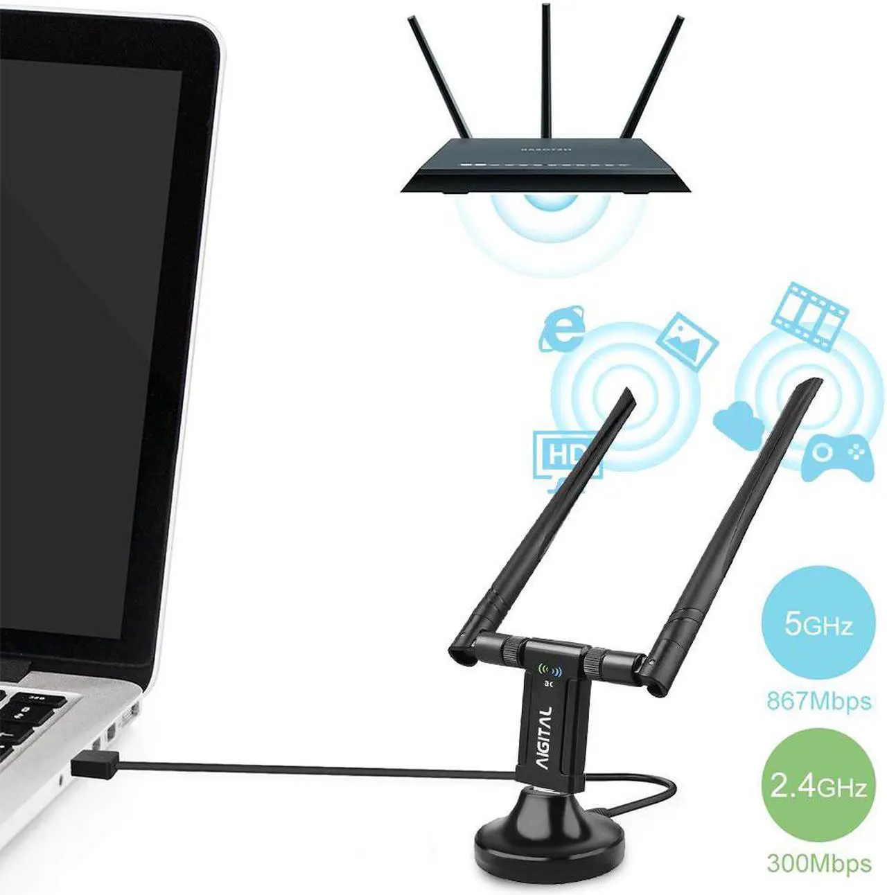 Alt view image 2 of 7 - 1200Mbps USB WiFi Adapter Wireless Network Adapter for Laptop/Computer/Notebook with Extension Cable and Base, Compatible with Windows 11/10/8/7/XP & Mac OS X