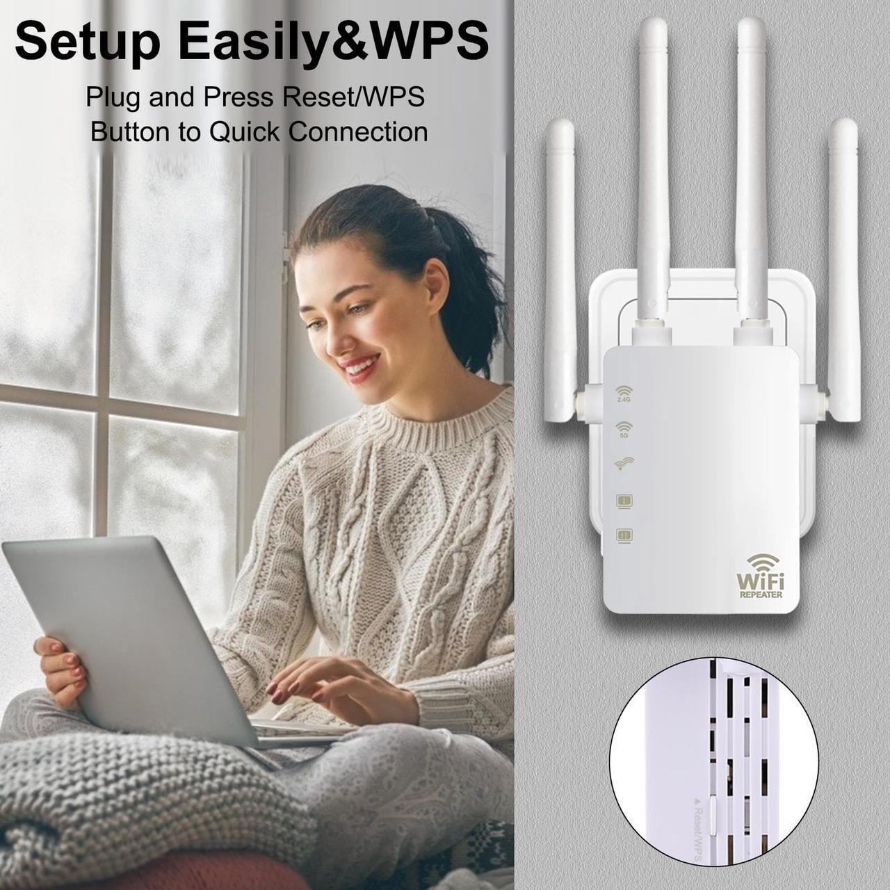 Alt view image 4 of 7 - WiFi Extender, Aigital 1200Mbps WiFi Range Extender Signal Booster for Home, Covers up to 3000 Sq.ft and 35 Devices, 5GHz&2.4GHz Dual Band Wireless Repeater with Ethernet Ports, Setup Easily