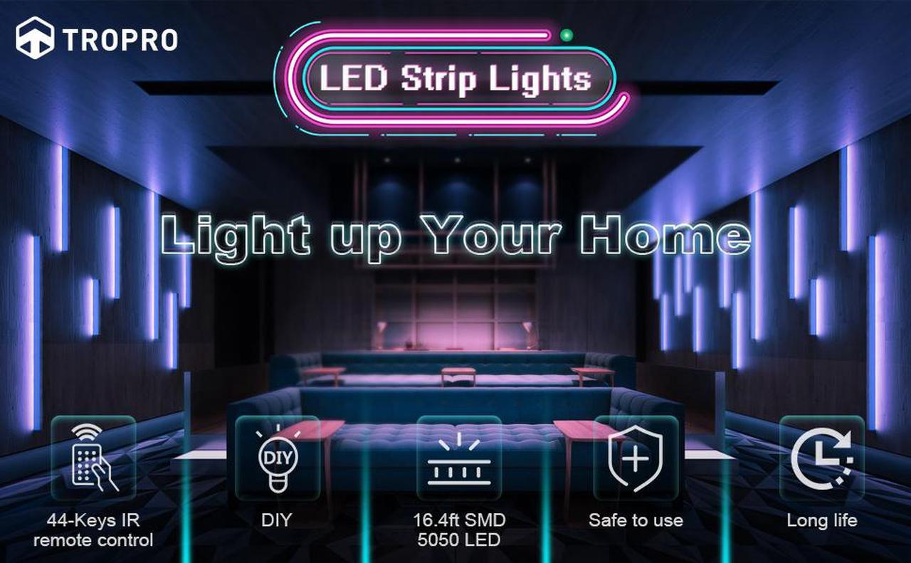 Alt view image 4 of 7 - LED Strip Lights, 16.4ft RGB LED Light Strip 5050 LED Tape Lights, Color Changing LED Strip Lights with Remote for Home Lighting Kitchen Bed Flexible Strip Lights for Bar Home Decoration