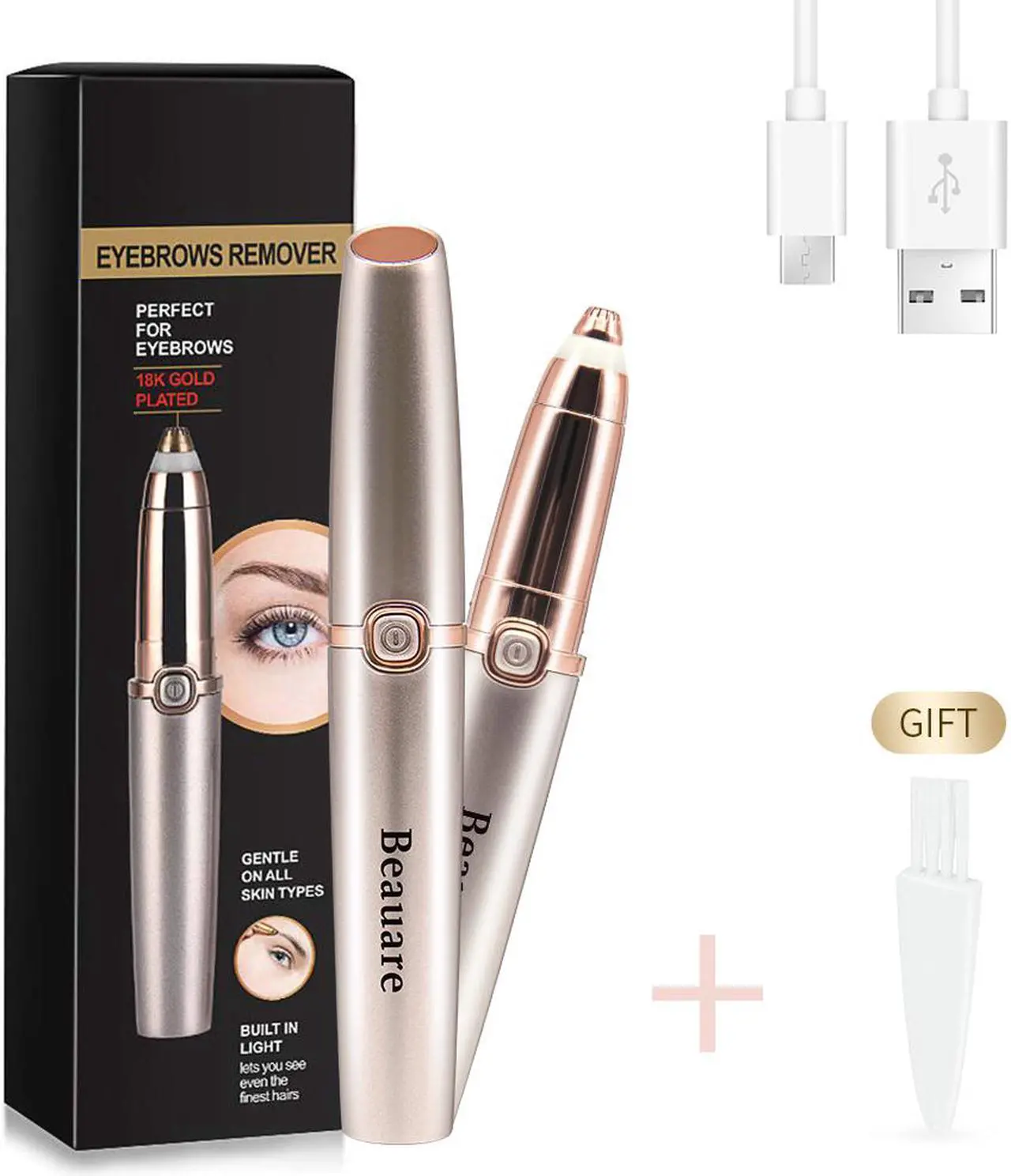 Main image of Rechargeable Eyebrow Trimmer Eyebrow Razor Painless-Precision Eyebrow Hair Remover Tool For Face Lips Nose Facial Hair Removal for Men Women (Gold-Rechargeable)