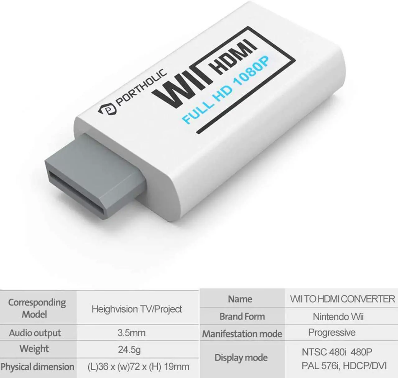 Alt view image 2 of 6 - PORTHOLIC Wii to HDMI Converter 1080P for Full HD Device, Wii HDMI Adapter with 3,5mm Audio Jack&HDMI Output Compatible with Nintendo Wii, Wii U, HDTV, Monitor-Supports All Wii Display Modes 720P, NTS