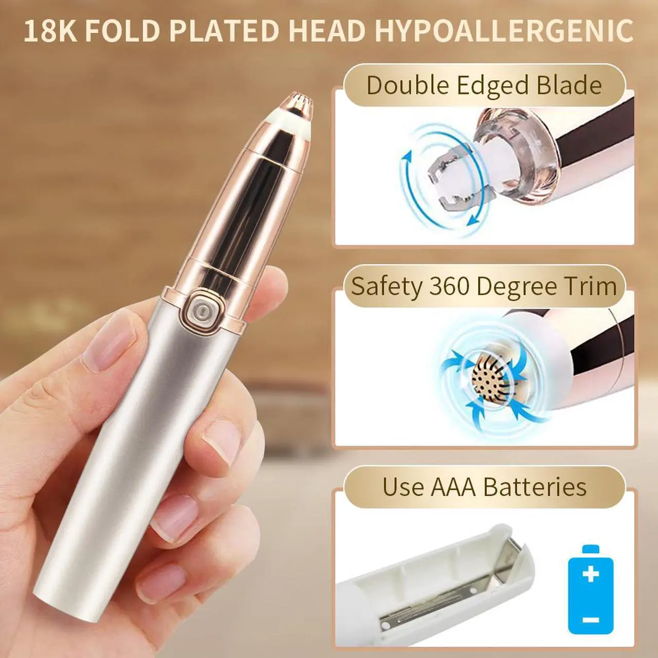 Alt view image 7 of 7 - Rechargeable Eyebrow Trimmer Eyebrow Razor Painless-Precision Eyebrow Hair Remover Tool For Face Lips Nose Facial Hair Removal for Men Women (Gold-Rechargeable)