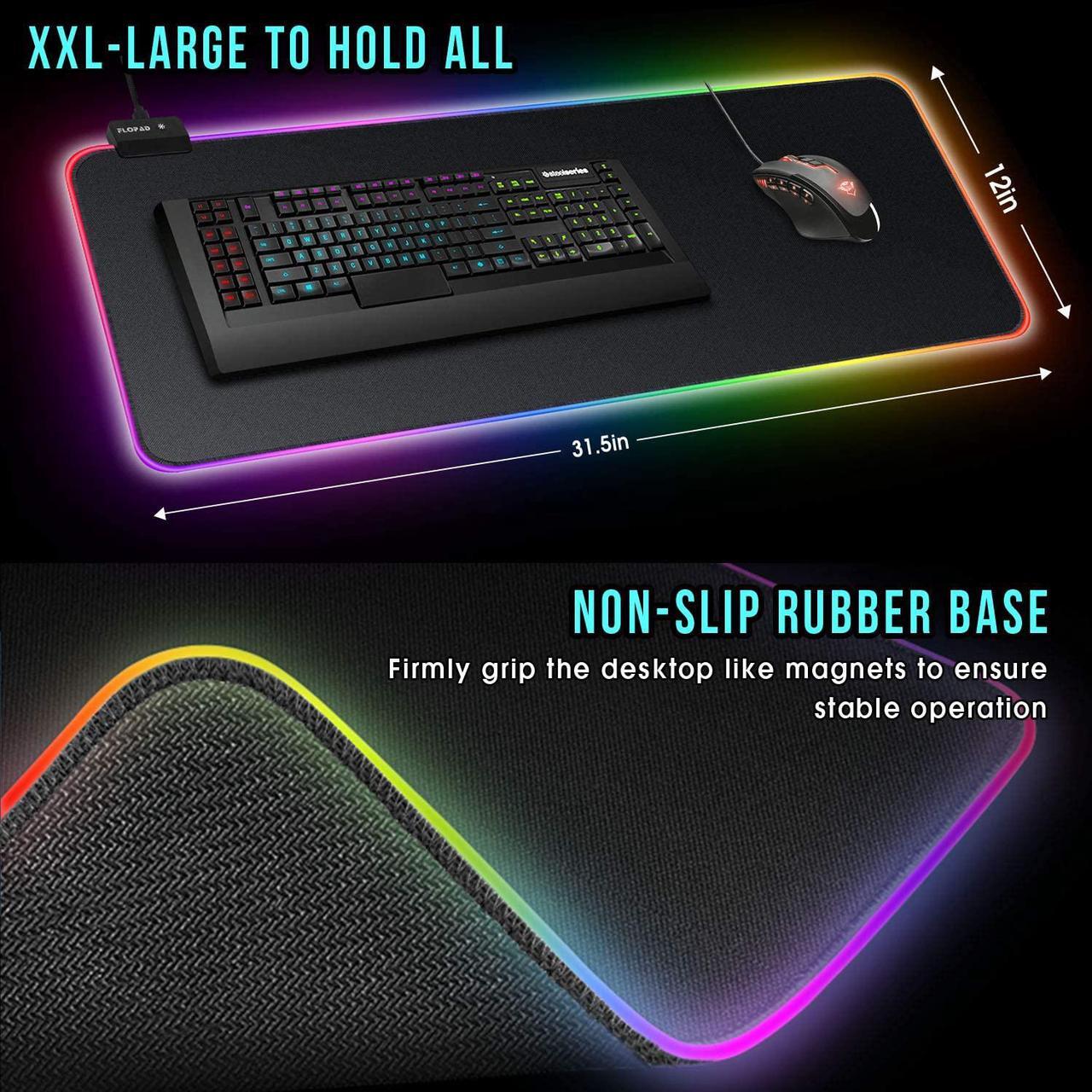 Alt view image 5 of 6 - TROPRO RGB Gaming Mouse Pad, LED Soft Extra Extended Large Mice Pad, Anti-Slip Rubber Base, Computer Keyboard Mouse Mat - 31.5 X 12 Inch