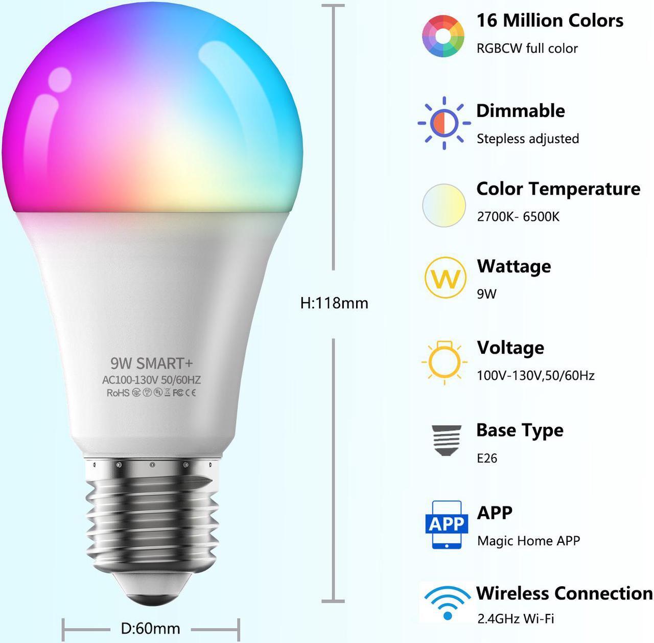 Alt view image 7 of 7 - Alexa Smart Light Bulbs,TROPROs LED RGBCW Color Changing,85W Equivalent E26 9W WiFi Led Bulb , Work with Google Home Amazon Echo, 2.4Ghz WiFi Only, No Hub Required 4 Pack