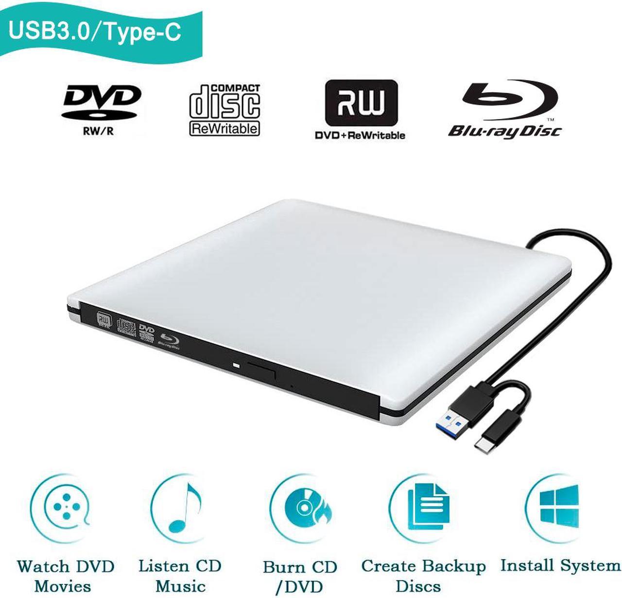 TROPRO External 3D Blu ray CD DVD Drive, Portable USB 3.0 and Type-C Blu-ray CD/DVD+/-RW Burner Player Writer Reader Rewriter for PC Netbook Laptop Desktop with Mac OS Windows XP/7/8/10 Silver