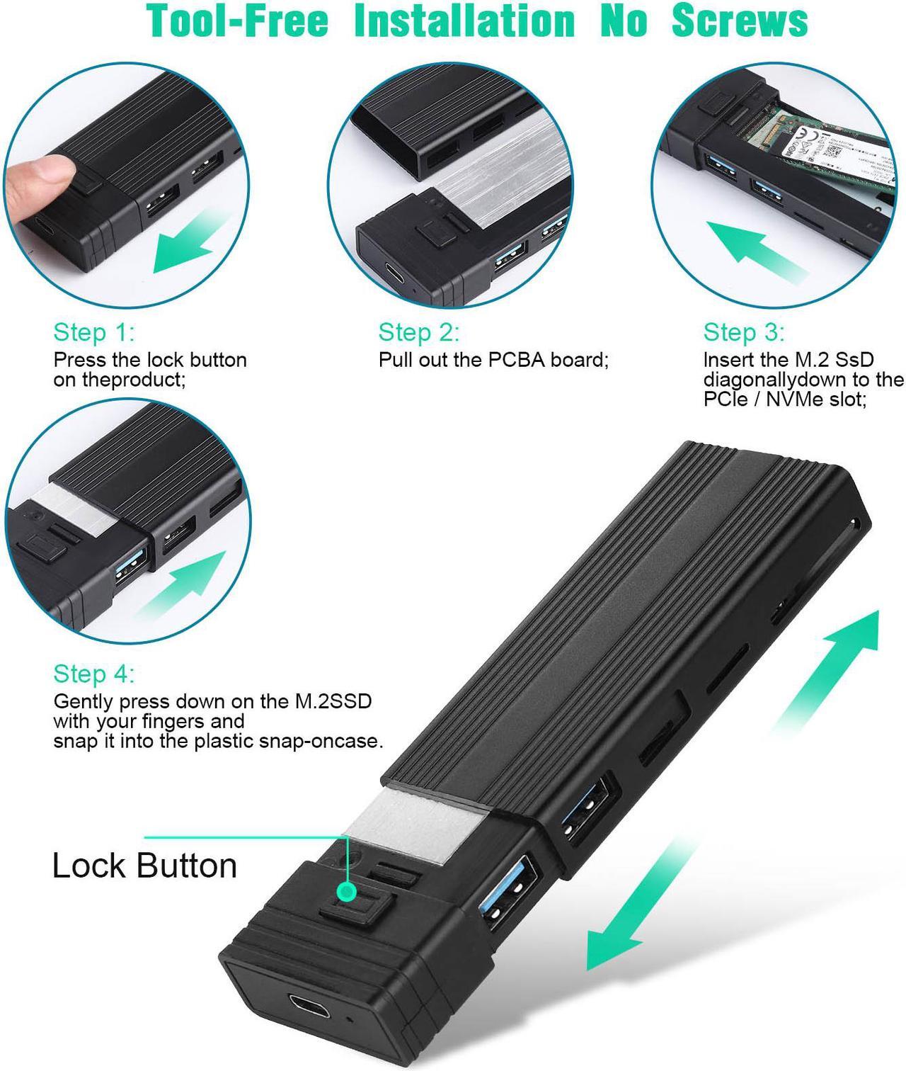 Alt view image 2 of 7 - M.2 NVME SATA SSD Enclosure Adapter Tool-Free, RTL9210B Chips, USB C 3.1 Gen 2 10Gbps NVME, 6Gbps SATA PCIe M-Key(B+M Key) with 2 USB Ports, SD/TF Card Reader