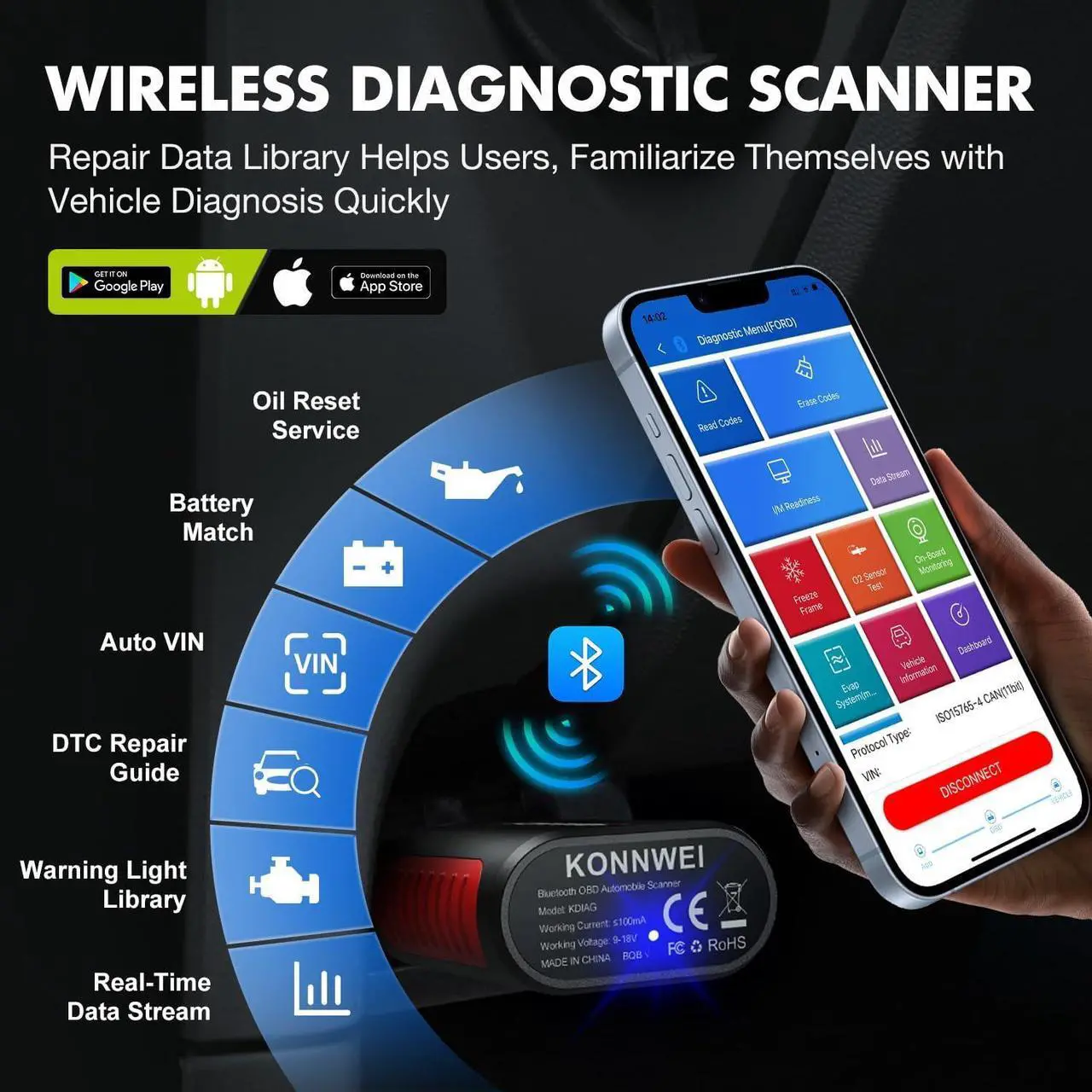Alt view image 2 of 7 - OBD2 Bluetooth Scanner Code Reader Reset for iOS Android, Auto Car Diagnostic Scan Tool OBDII Adapter and App Check Clear Engine Light for VW/Audi/BMW/Ford/SEAT/Skoda/Nissan/Jaguar/Toyota/Lexus/Mini