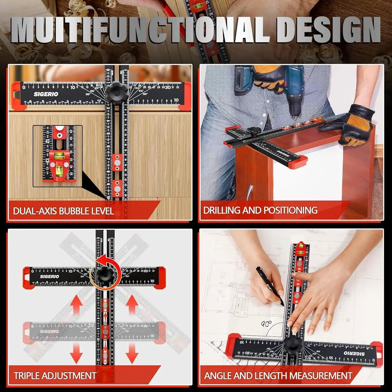 Alt view image 3 of 7 - 4 in 1 Drilling Positioning Ruler, Sigerio Aluminum Alloy T Square Ruler, Multi Angle Measuring Ruler, Cabinet Handle Template Tool for Installation of Handles, Cabinet Hardware Jig for Woodworking