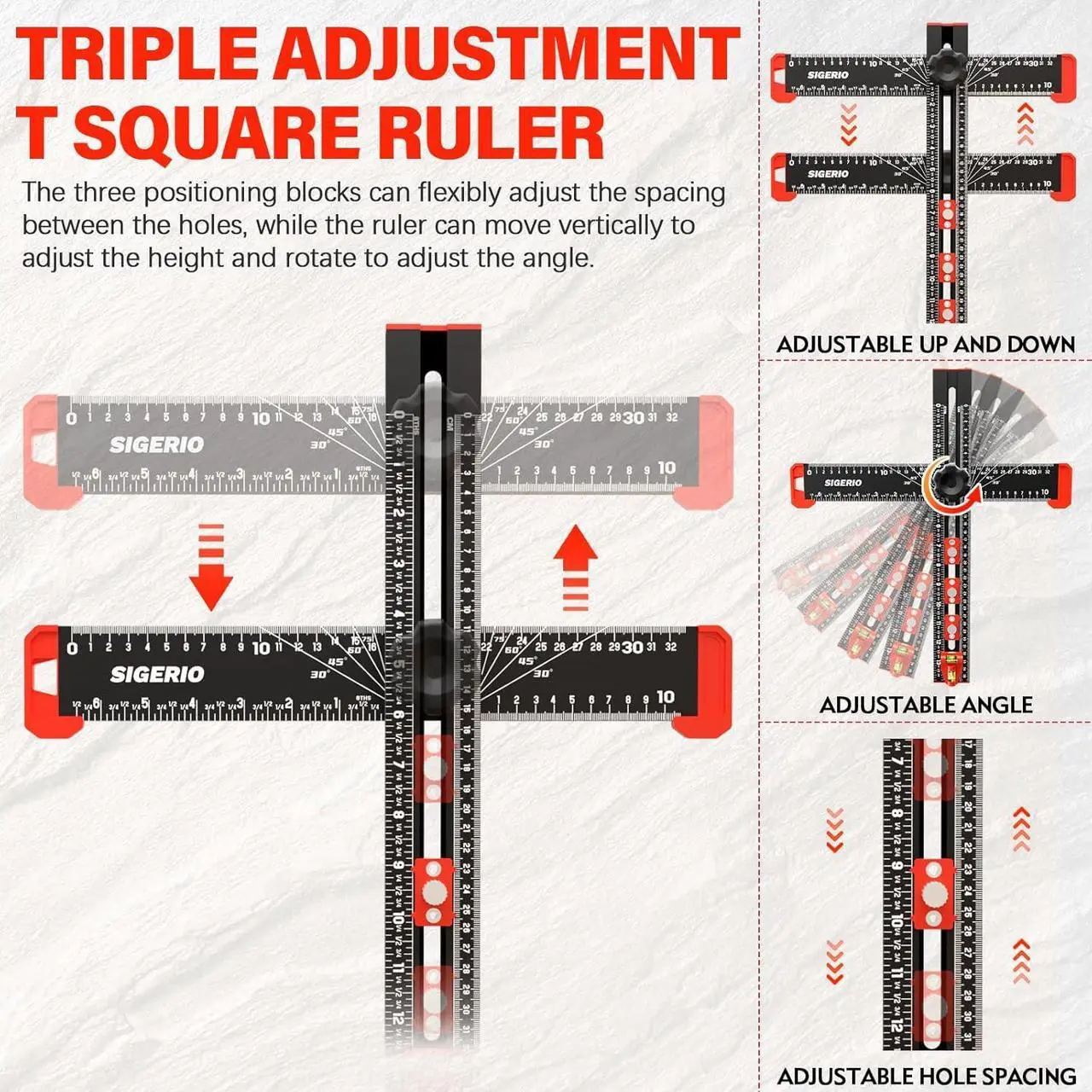 Alt view image 2 of 7 - 4 in 1 Drilling Positioning Ruler, Sigerio Aluminum Alloy T Square Ruler, Multi Angle Measuring Ruler, Cabinet Handle Template Tool for Installation of Handles, Cabinet Hardware Jig for Woodworking