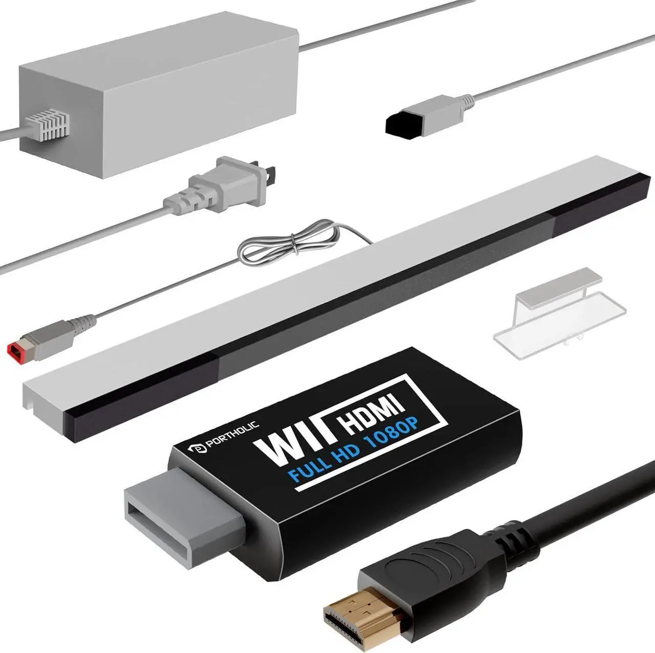 Main image of 4 in 1 Wii Replacement Cables Set, PORTHOLIC Wii AC Power Adapter + Wii to hdmi Converter+ Wired Motion Sensor Bar and Composite Audio Video Cable for Nintendo Wii