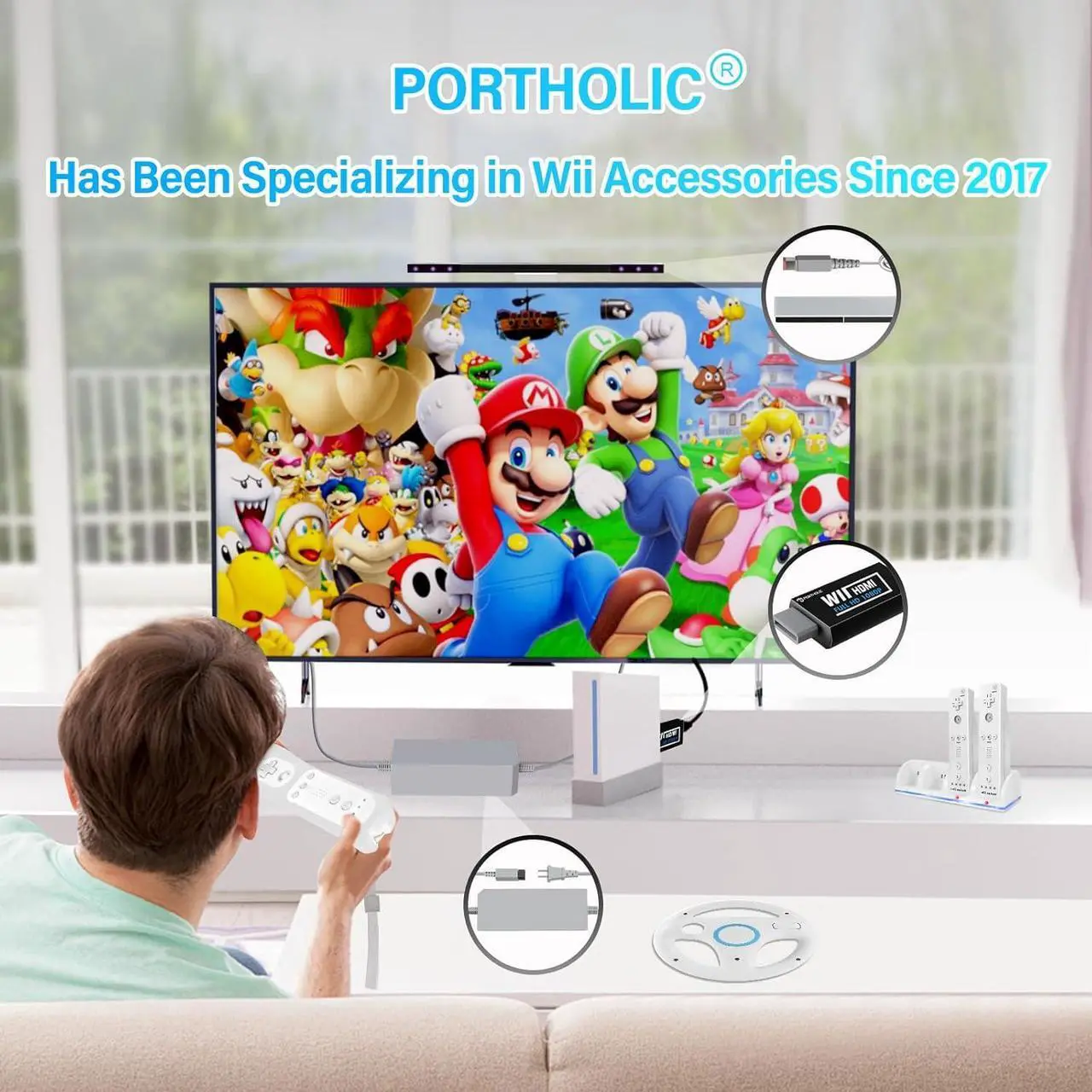 Alt view image 3 of 6 - 4 in 1 Wii Replacement Cables Set, PORTHOLIC Wii AC Power Adapter + Wii to hdmi Converter+ Wired Motion Sensor Bar and Composite Audio Video Cable for Nintendo Wii