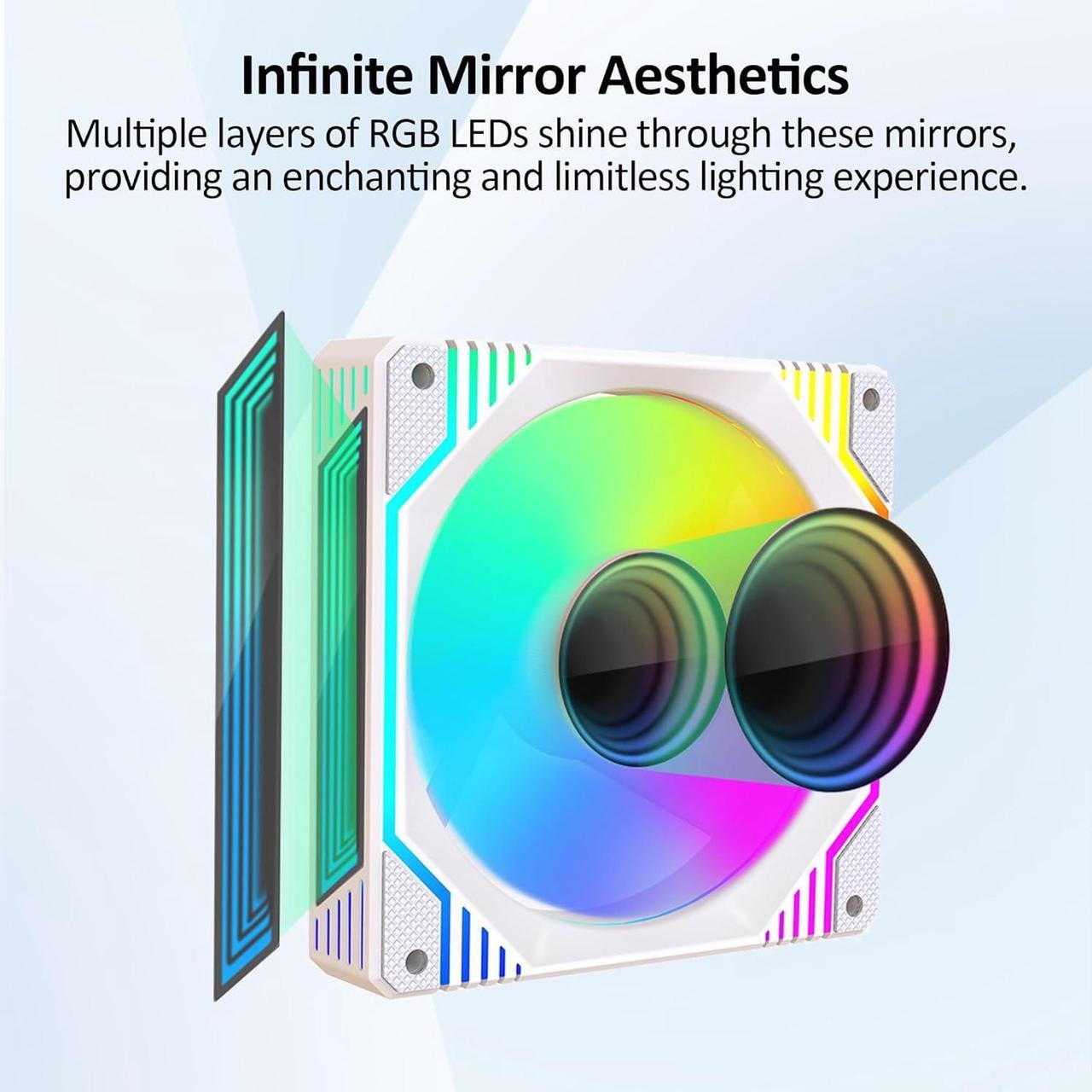 Alt view image 5 of 7 - 120mm Infinity Mirror ARGB Fan 5V 3Pin Addressable RGB PWM PC Computer CPU Case Cooling Fan 600-1800RPM White 6-Pack
