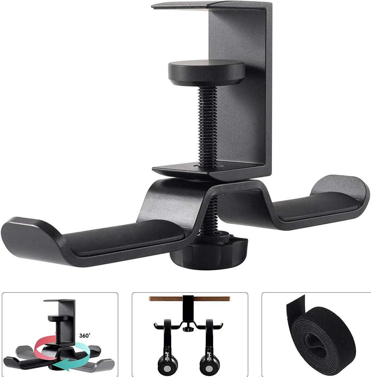 Headset Hanger Dual Headphone Stand Under Desk, Universal PC Gaming Headset Stand, 360 Degree Rotating, Aluminum, Black