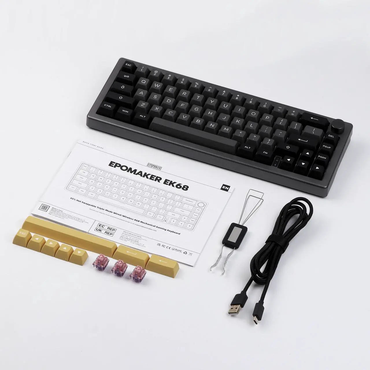 Alt view image 7 of 7 - EPOMAKER EK68 65% Gasket NKRO Hot Swappable 2.4Ghz/Bluetooth 5.0/USB-C Wired Mechanical Gaming Keyboard with Knob, South-Facing LED, 3000mAh Battery, RGB Backlight for Win/Mac (Flamingo Switch )