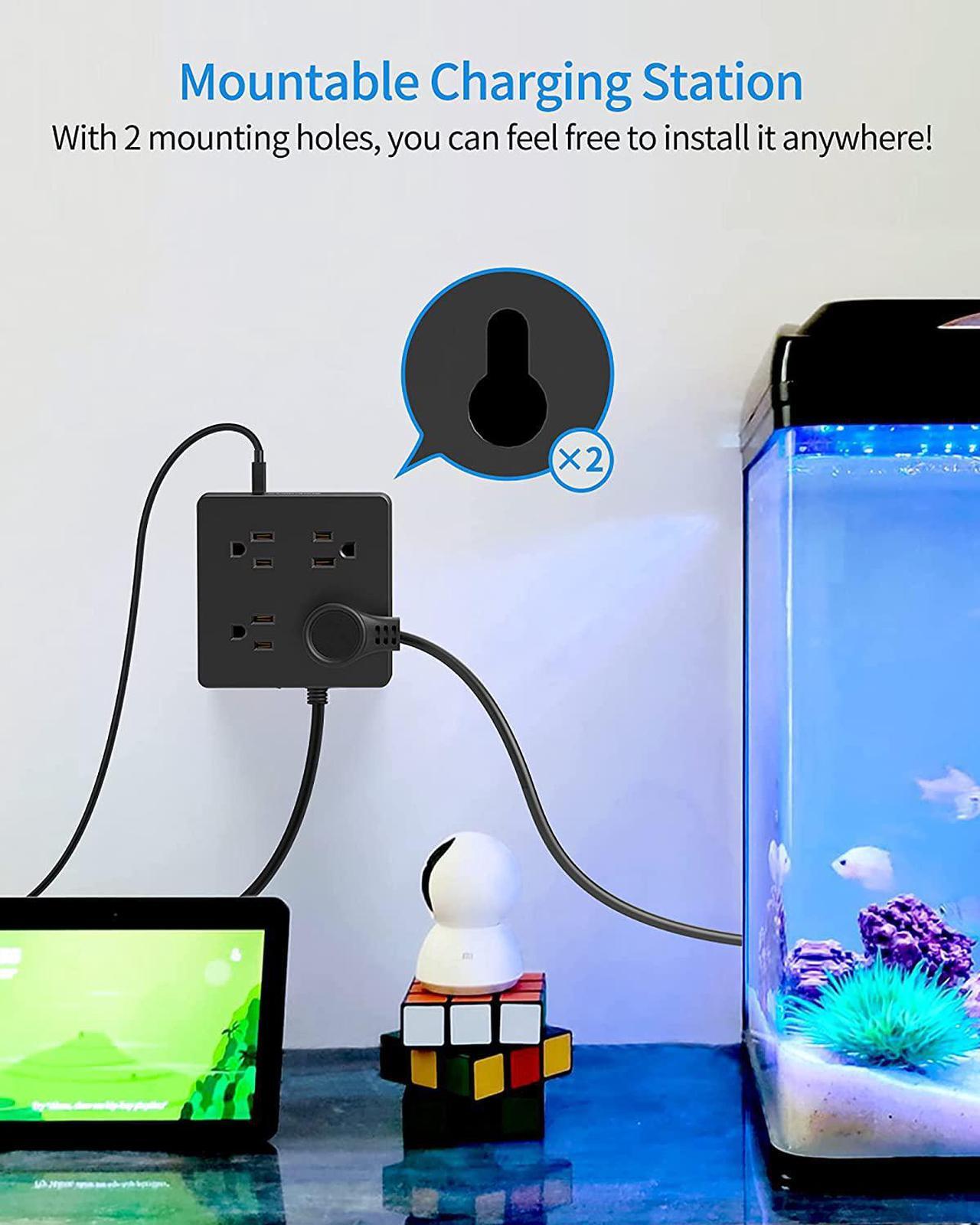 Alt view image 7 of 14 - Power Strip Surge Protector - Xiaogan 5 Ft Extension Cord with 4 Outlets & 4 USBs, 900 Joules, Overload Switch, Grounded, Mountable, Desktop Charging Station for Home, Office, Hotel, Dorm, Black