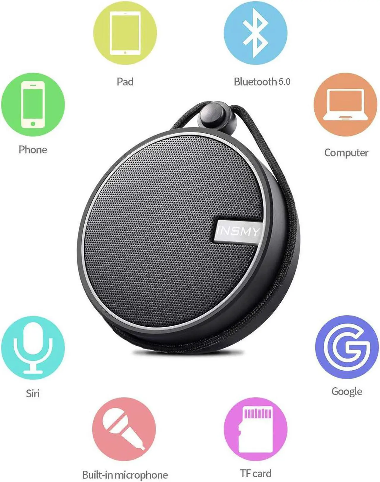 Alt view image 6 of 7 - INSMY C12 IPX7 Waterproof Shower Bluetooth Speaker, Portable Small Speaker, Speakers Bluetooth Wireless Loud Clear Sound Support TF Card Suction Cup for Kayak Canoe Beach Gift (Black)