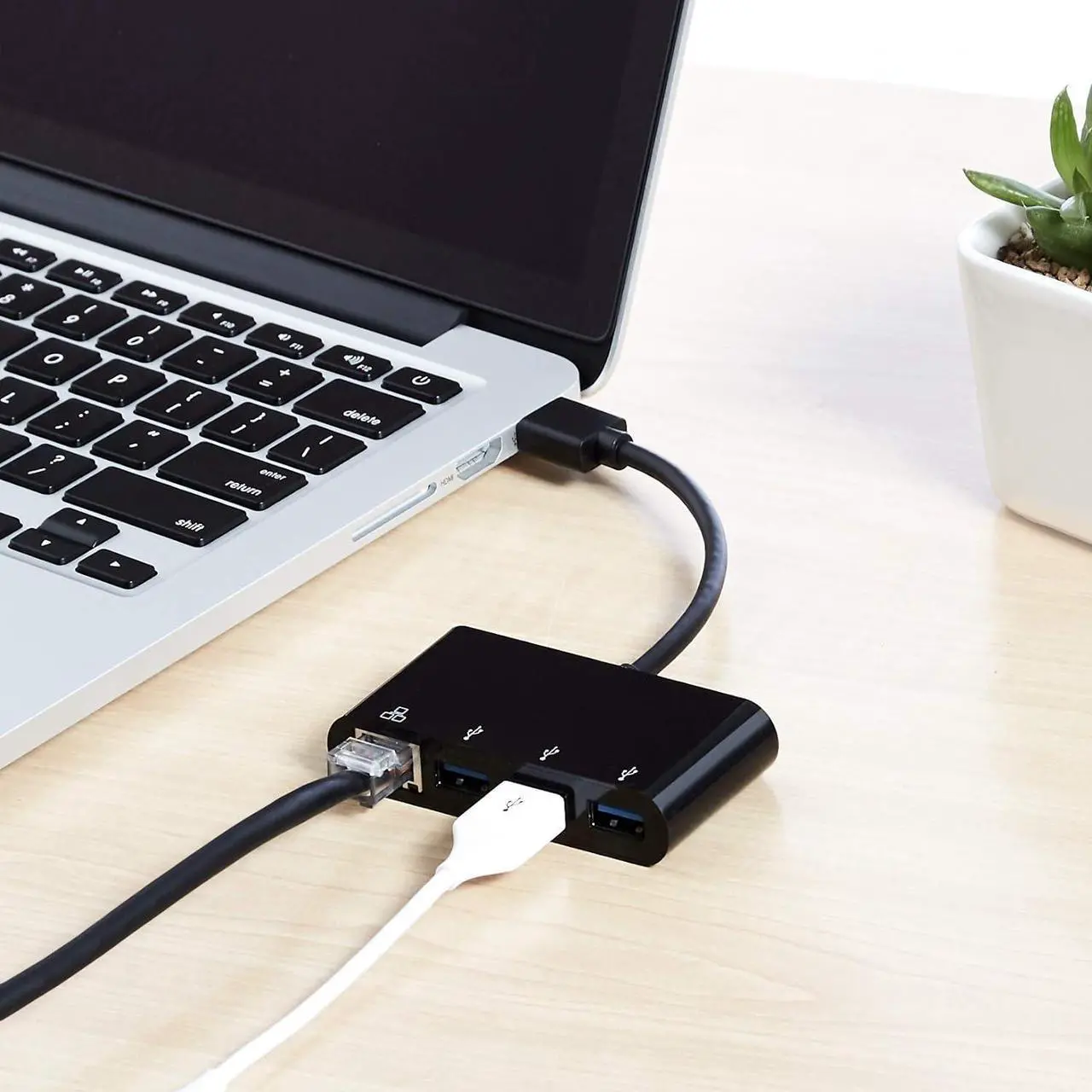 Alt view image 5 of 5 - Basics 4-Port Adapter With 3 USB-A 3.0 Ports & 1 RJ45 Gigabit Ethernet Port, Black