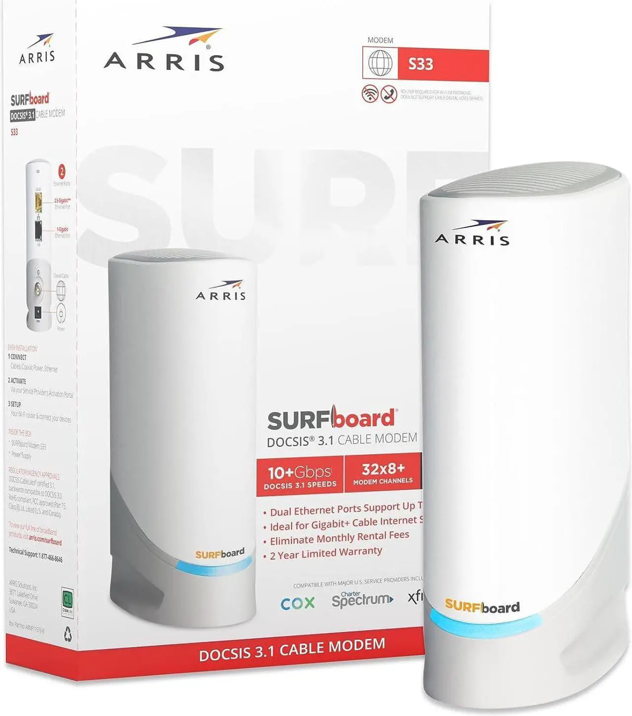 Alt view image 6 of 7 - ARRIS (S33) - Cable Modem - Fast DOCSIS 3.1 Multi-Gigabit Modem For Comcast Xfinity, Cox, Spectrum & More 1 & 2.5 Gbps Ports 2.5 Gbps Max Internet Speeds 4 OFDM Channels 2 Year Warranty