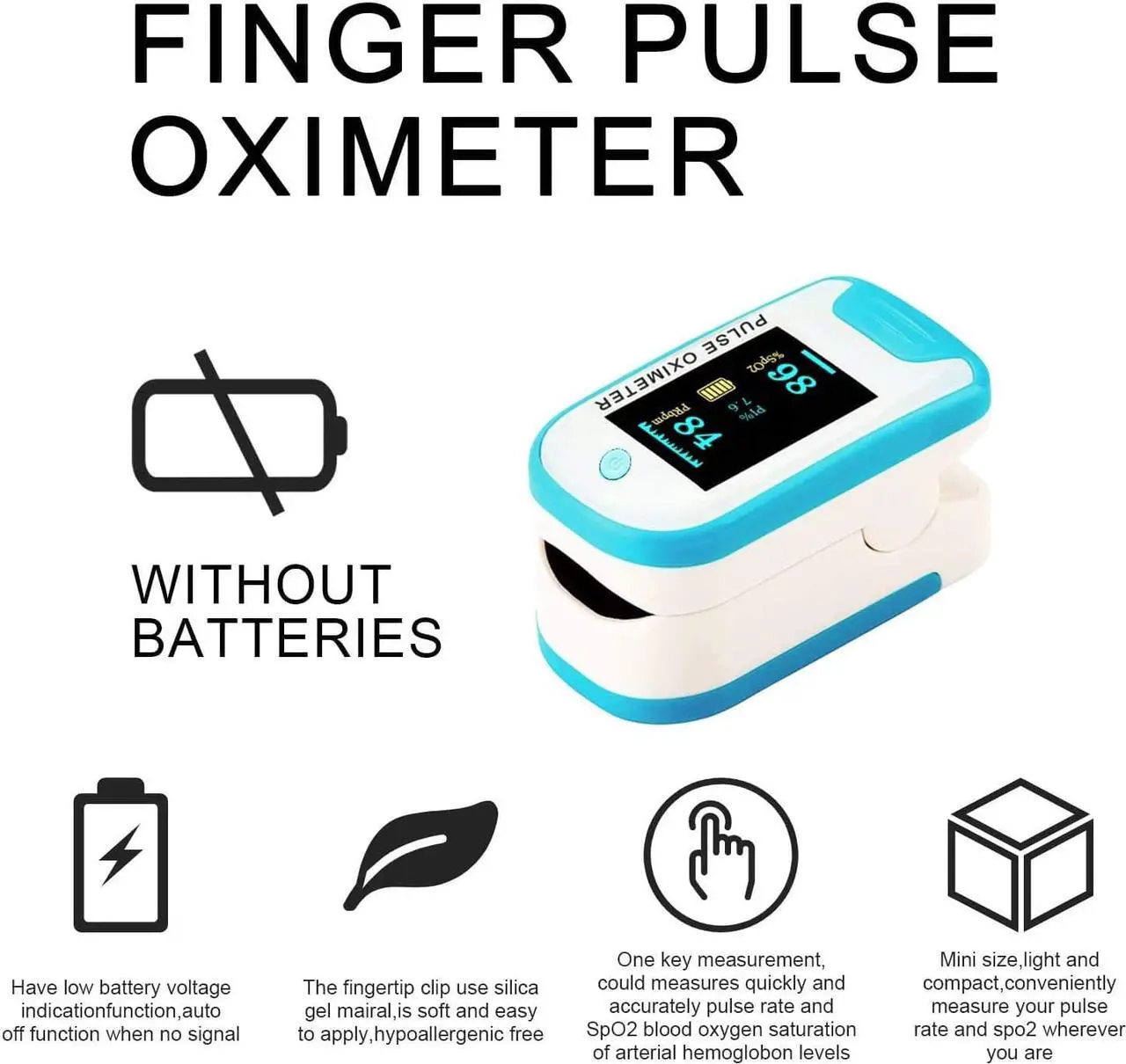 Alt view image 6 of 7 - Fingertip Pulse Oximeter, Blood Oxygen Meter, Oxygen Meter Portable Digital Blood Oxygen Pulse Sensor Meter with Alarm and Pulse Rate Monitor for Adults and Children