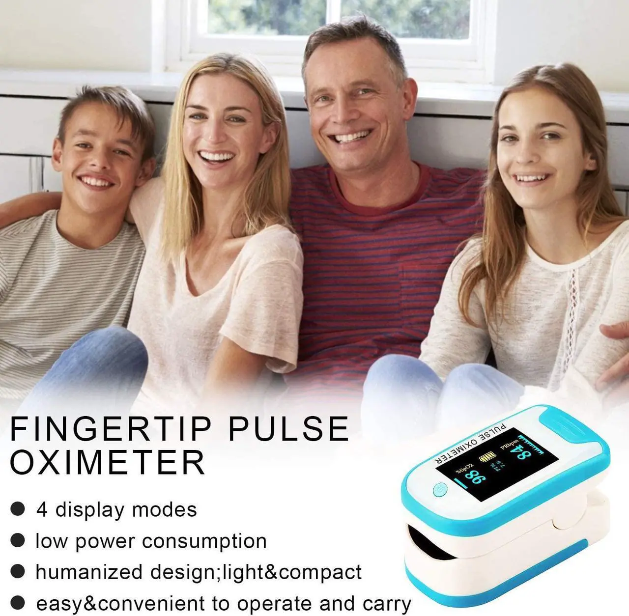 Alt view image 2 of 7 - Fingertip Pulse Oximeter, Blood Oxygen Meter, Oxygen Meter Portable Digital Blood Oxygen Pulse Sensor Meter with Alarm and Pulse Rate Monitor for Adults and Children