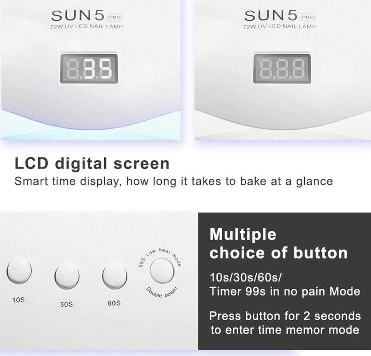 Alt view image 3 of 5 - 72W SUN5 Pro UV Lamp LED Nail Lamp Nail Dryer For All Gels Polish Sun Light Infrared Sensing 10/30/60s Timer Smart For Manicure