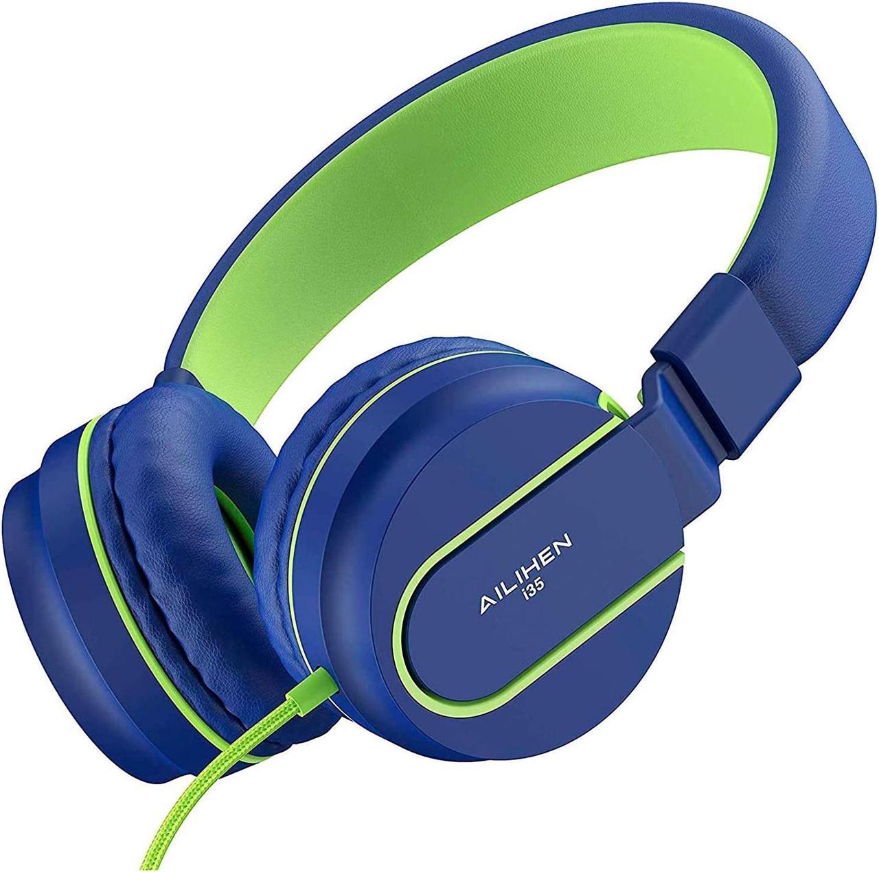 AILIHEN I35 Kid Headphones with Microphone Volume Limited 85dB Children Girls Boys Teen Lightweight Foldable Wired Headset for School Online Course Chromebook Cellphones Tablets (Blue Green)