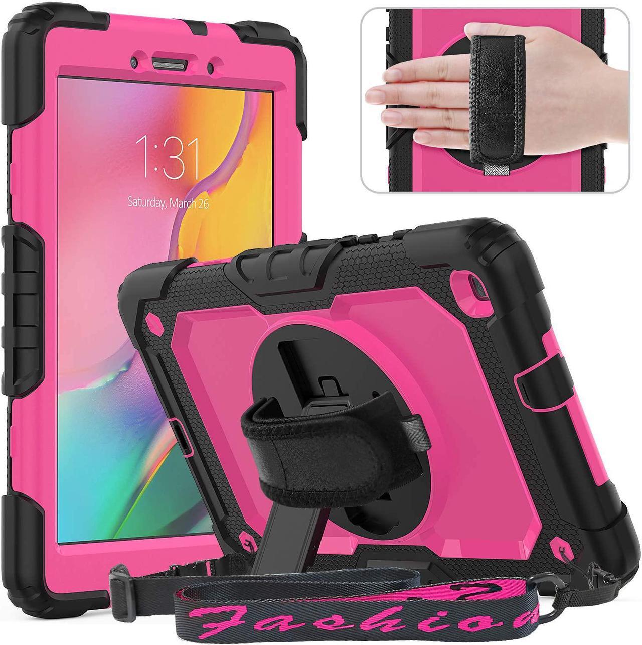 Case Compatible with Galaxy Tab A 8.0" 2019 SM-T290/T295/T297, with Built-in Screen Protector&360 Degree Swivel Stand&Hand Strap&Shoulder Strap Protective Case for Tab A 8.0 2019-Rose