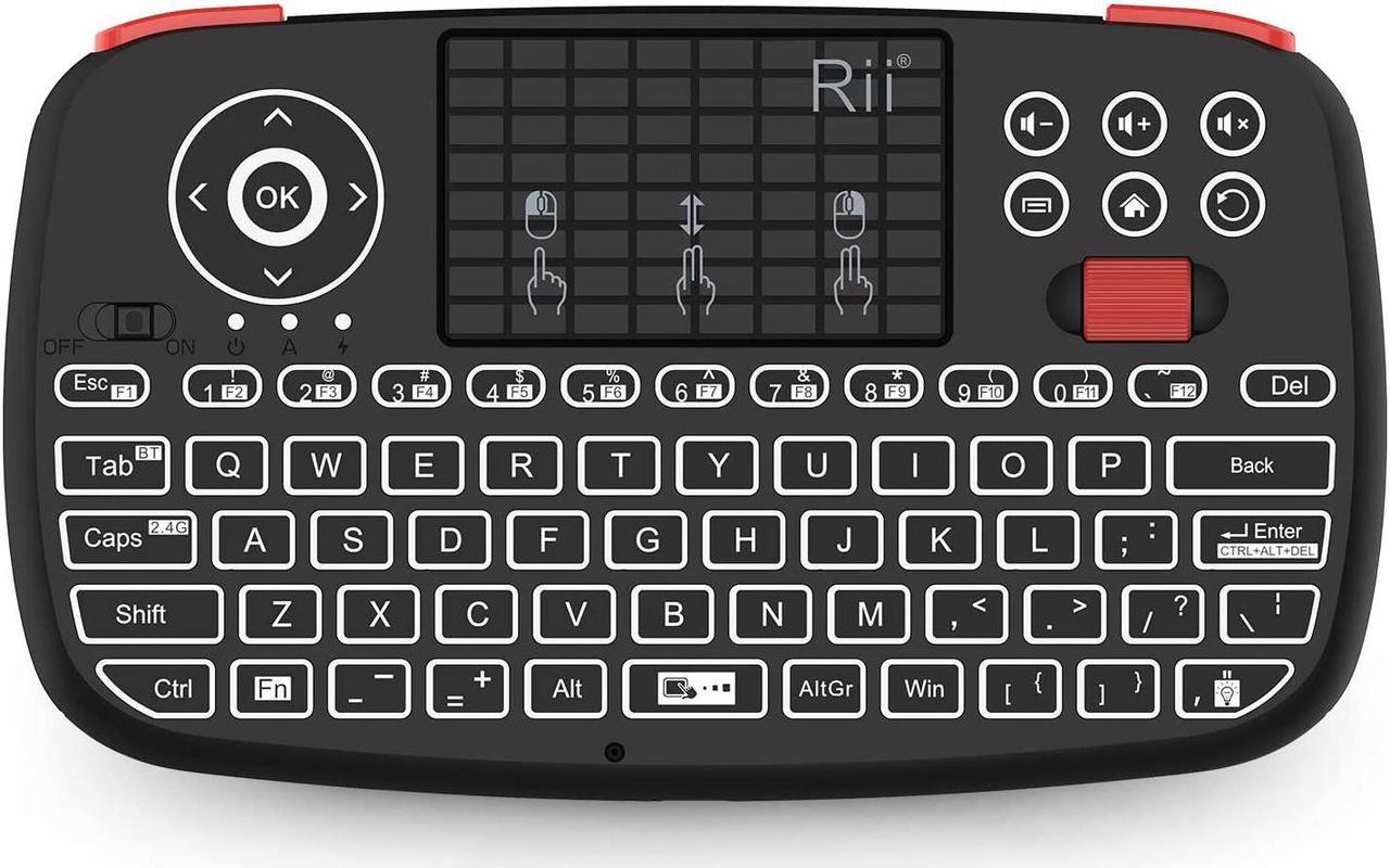 Rii Bluetooth Keyboard,Wireless Keyboard,Rechargeable Keyboard Remote for Smart TV,TouchPad Keyboard with Red Scroll,Handheld Remote,LED Backlit Remote Controller for Android TV Box, HTPC,Windows OS