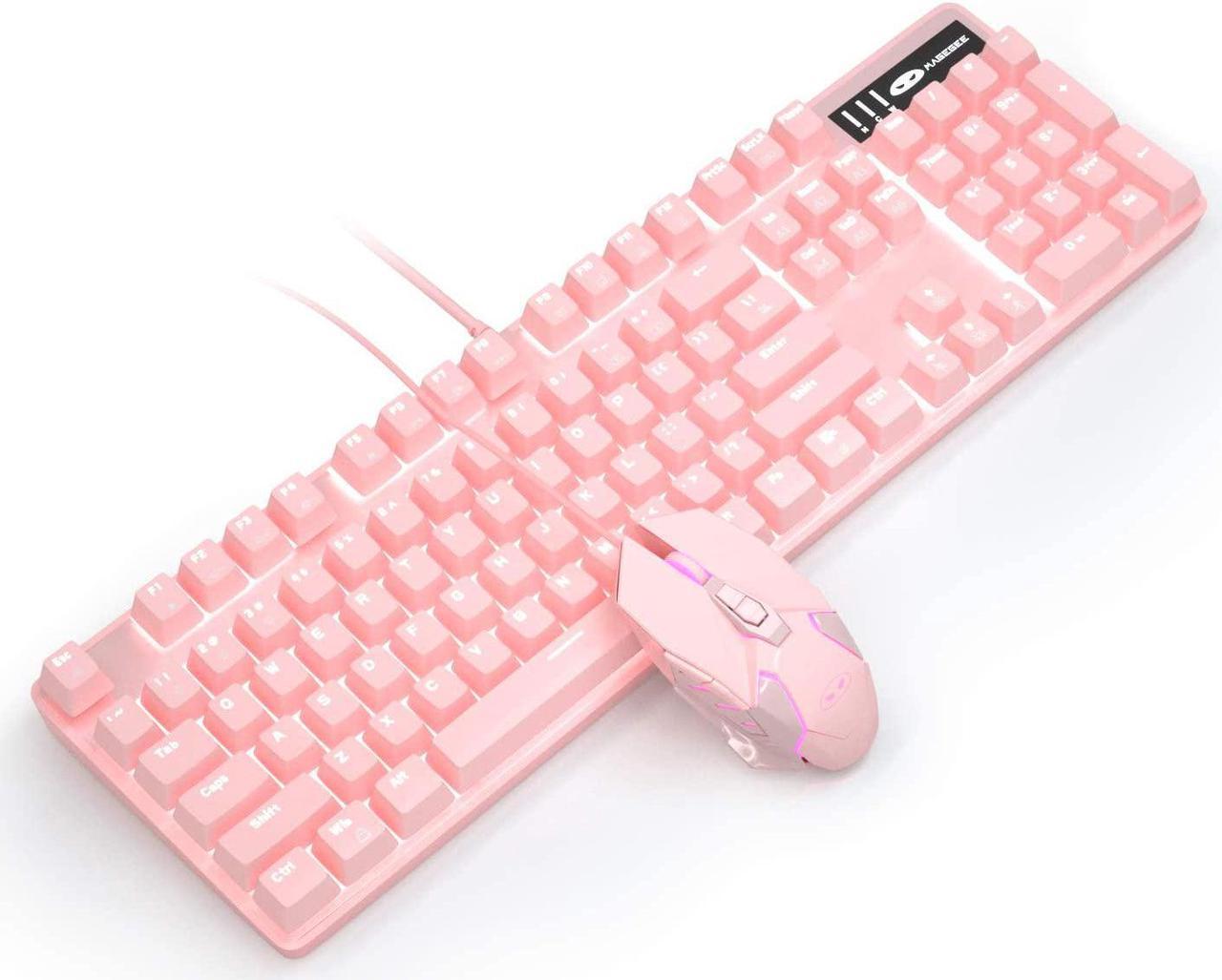 Mechanical Gaming Keyboard and Mouse Combo, MageGee MK-Storm 104 Keys White Backlit Keyboard with Blue Switches, 7 Buttons LED Mouse Wired for PC Gamer Computer Laptop(Pink)