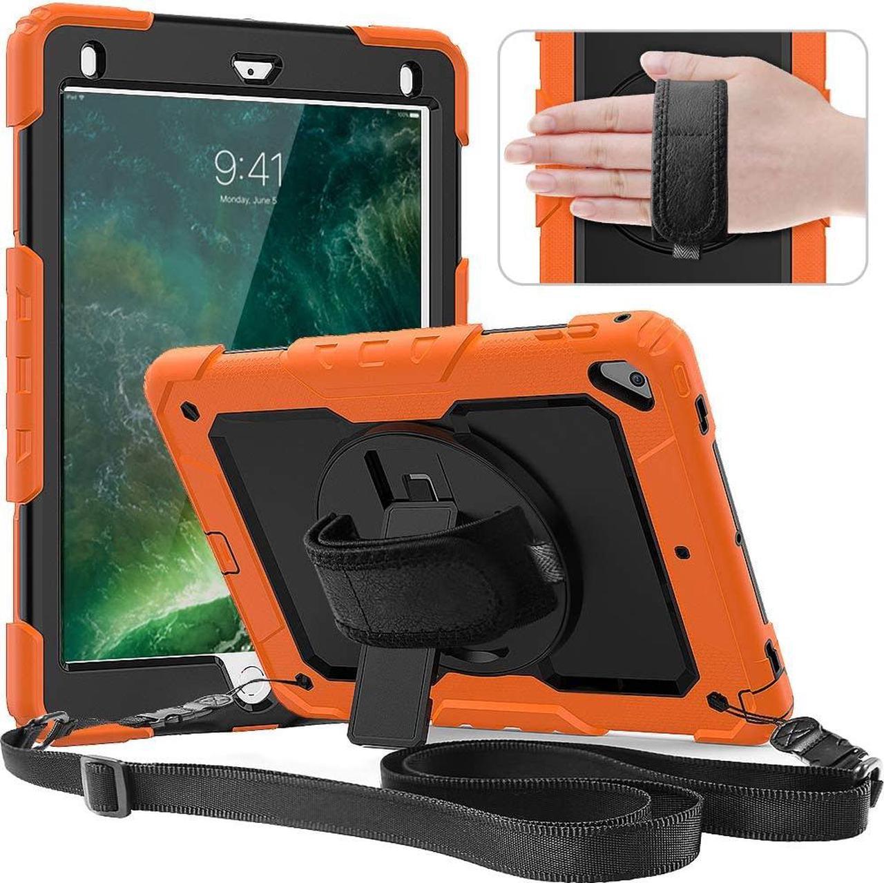 Case for iPad 6th/5th Generation, iPad 9.7 Inch 2018/2017 Case with Rotating Stand/Strap Full-Body Silicone+PC Durable Protective Case for iPad 5th/6th / Air 2/ Pro 9.7 Orange