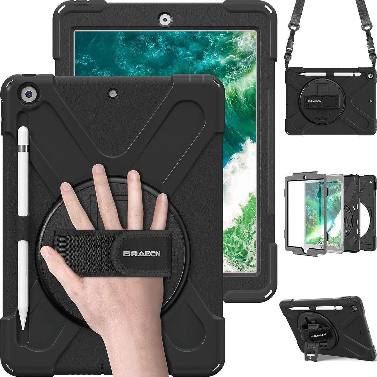 iPad Case 6th/5th Generation,iPad 9.7 2018/2017 Case-Heavy Duty Shockproof Rugged Case with Pencil Holder,Shoulder Strap & Rotating Hand Strap/Stand for iPad Case A1893/A1954/A1822/A1823 -Black