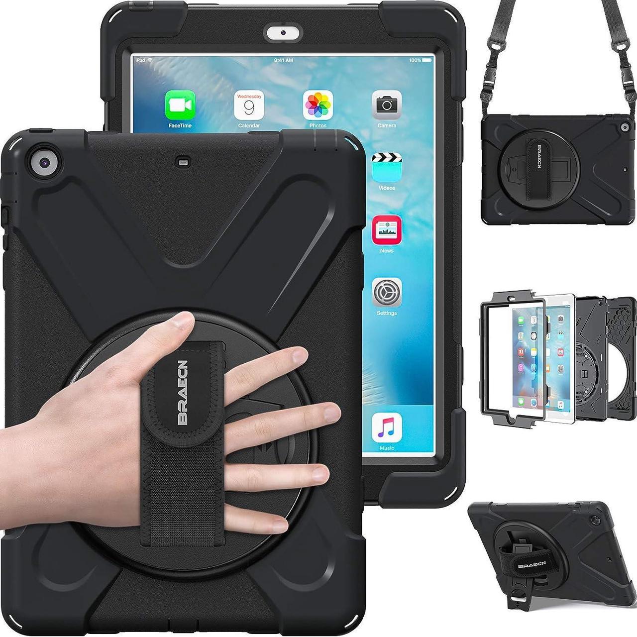 iPad Air Shockproof Case [Heavy Duty] Full-Body Rugged Protective Case with 360 Degree Swivel Kickstand/Hand Strap/Shoulder Strap for Apple iPad Air 1st Generation 9.7 inch Case (Black)