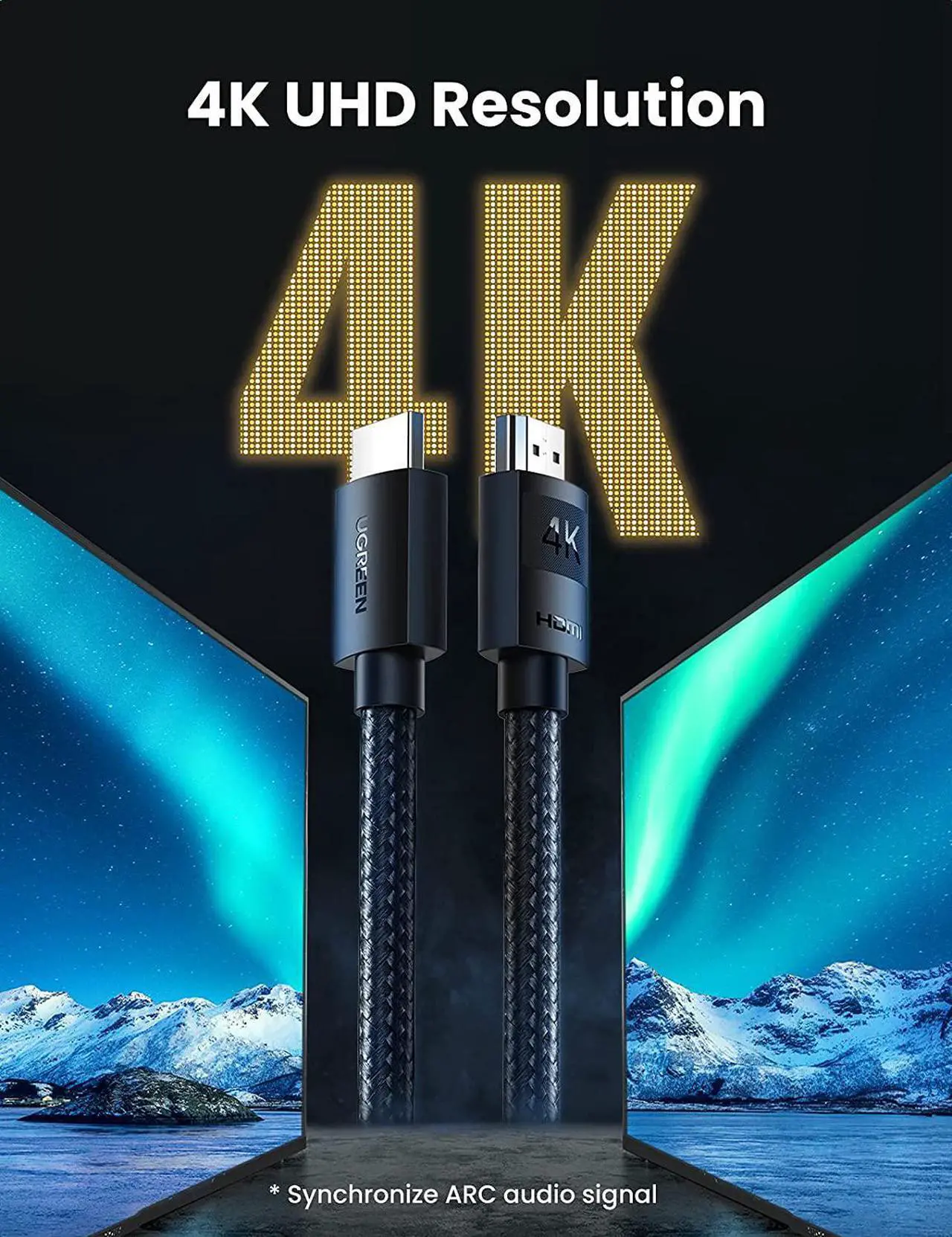 Alt view image 2 of 7 - UGREEN 4K HDMI Cable High Speed HDMI Cord Nylon Braided 18Gbps with Ethernet Support 4K 60HZ HDR ARC Compatible with PS5 PS4 Blu-ray UHD TV Monitor Computer Xbox 360, TV Stick, Laptop, 15FT