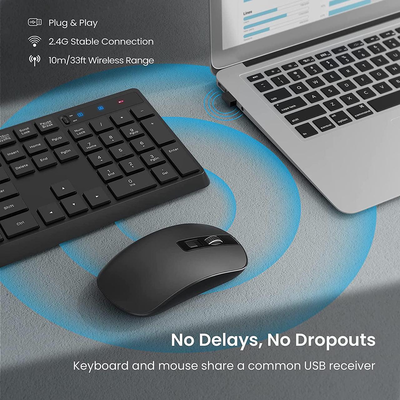 Alt view image 2 of 7 - Wireless Keyboard Mouse Combo,PONVIT Energy Saving Slim Quick 2.4GHz Cordless Full Size Computer Keyboard Silent & 3 Adjustable DPI USB Mouse Independent On/Off Switch for PC Laptop,Black